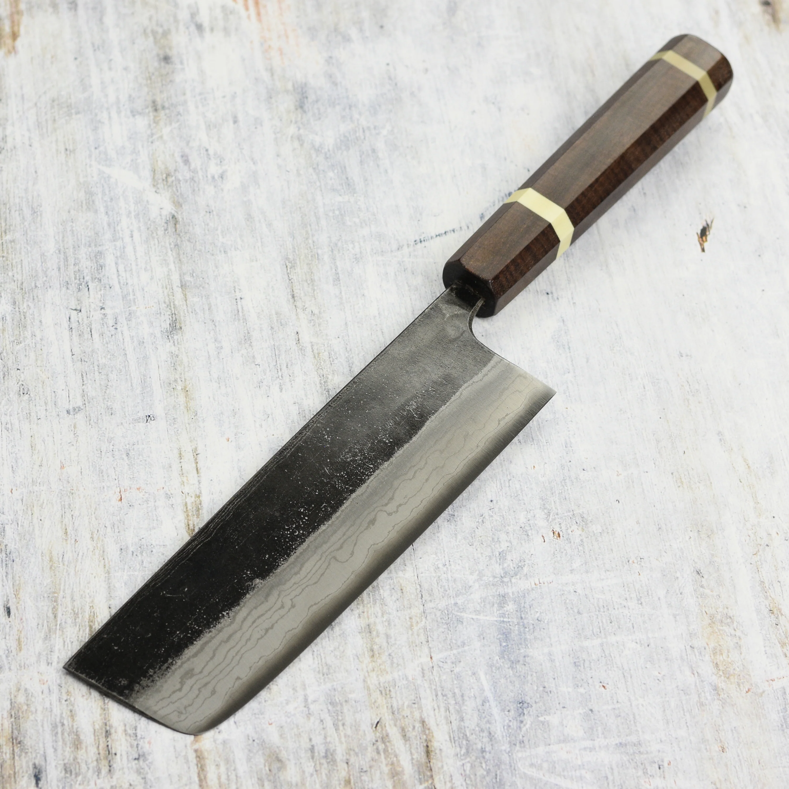 Hatsukokoro Kumokage Aogami Kurouchi Damascus 6.5" Nakiri, C+M Custom Handle - Image 3