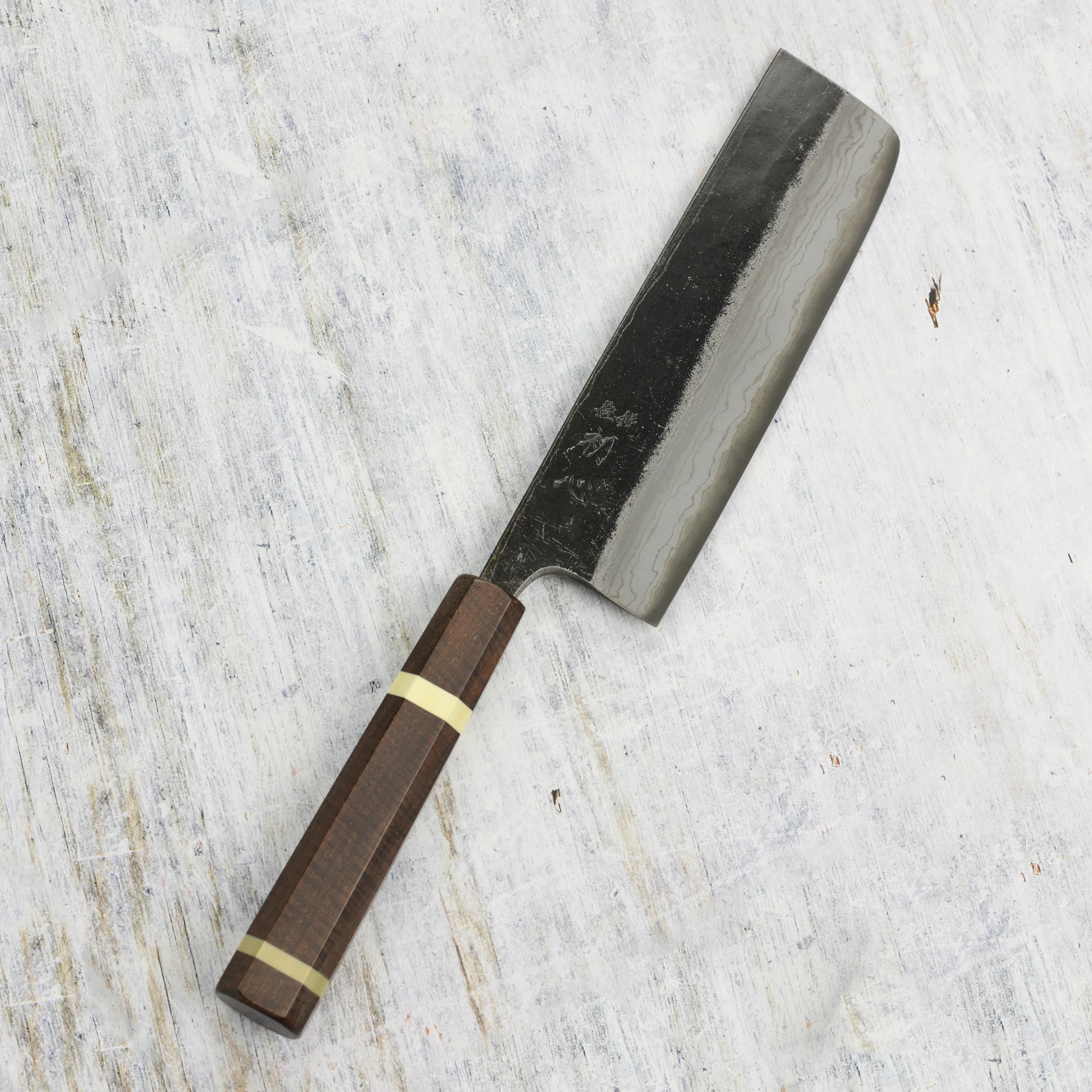 Hatsukokoro Kumokage Aogami Kurouchi Damascus 6.5" Nakiri, C+M Custom Handle - Image 4