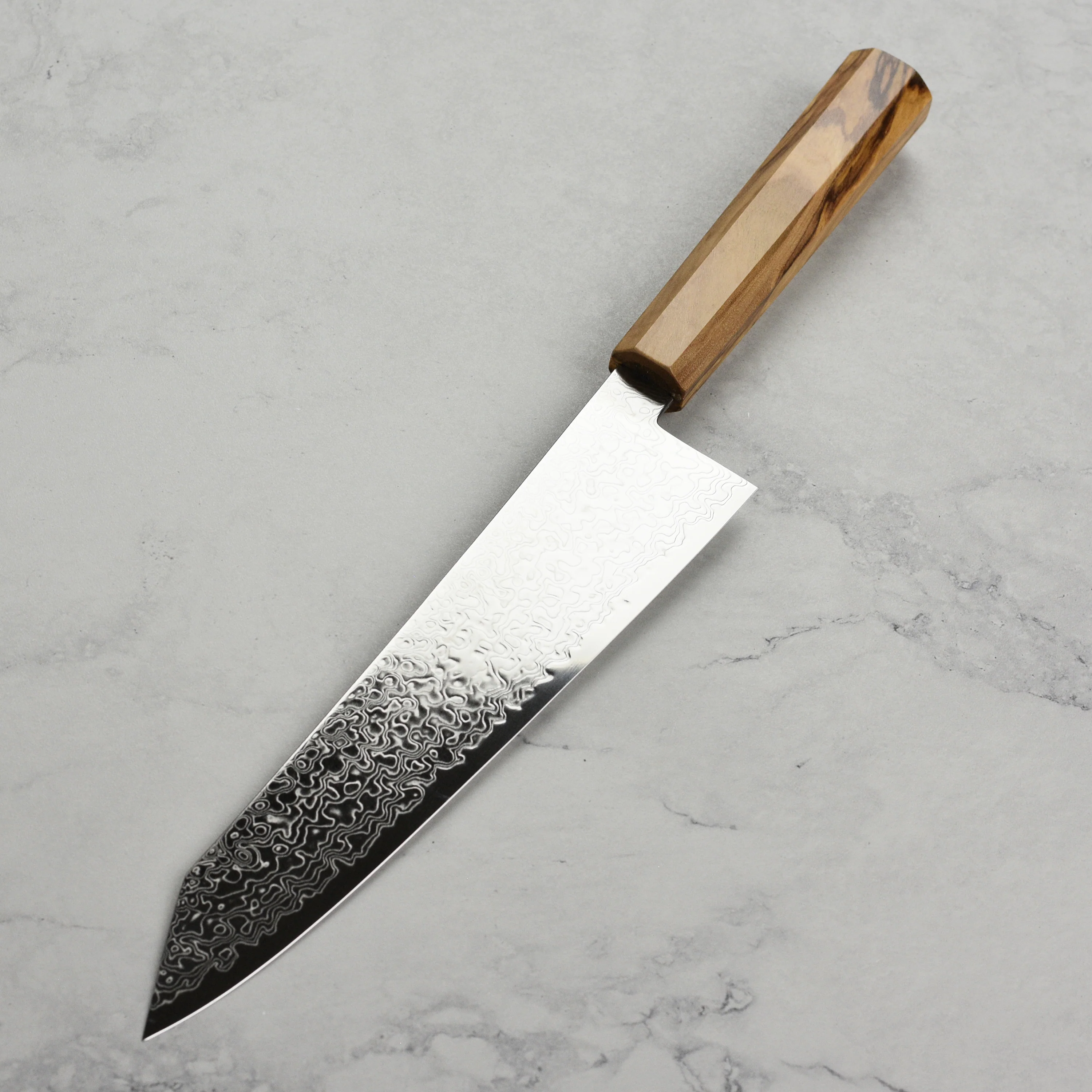 Hatsukokoro Ryuhyo SG2 Damascus 9.4" Kiritsuke Gyuto, Olivewood - Image 8
