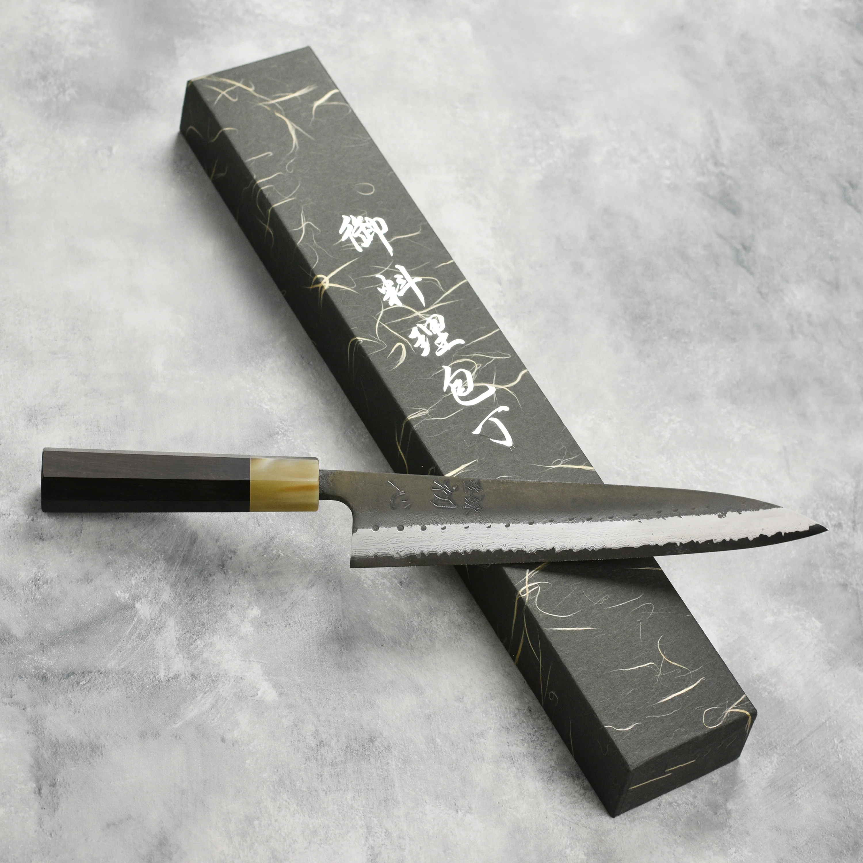 Hatsukokoro Shinkiro Aogami Super Kurouchi Damascus 9.4" Gyuto, Ebony with Ferrule - Image 4