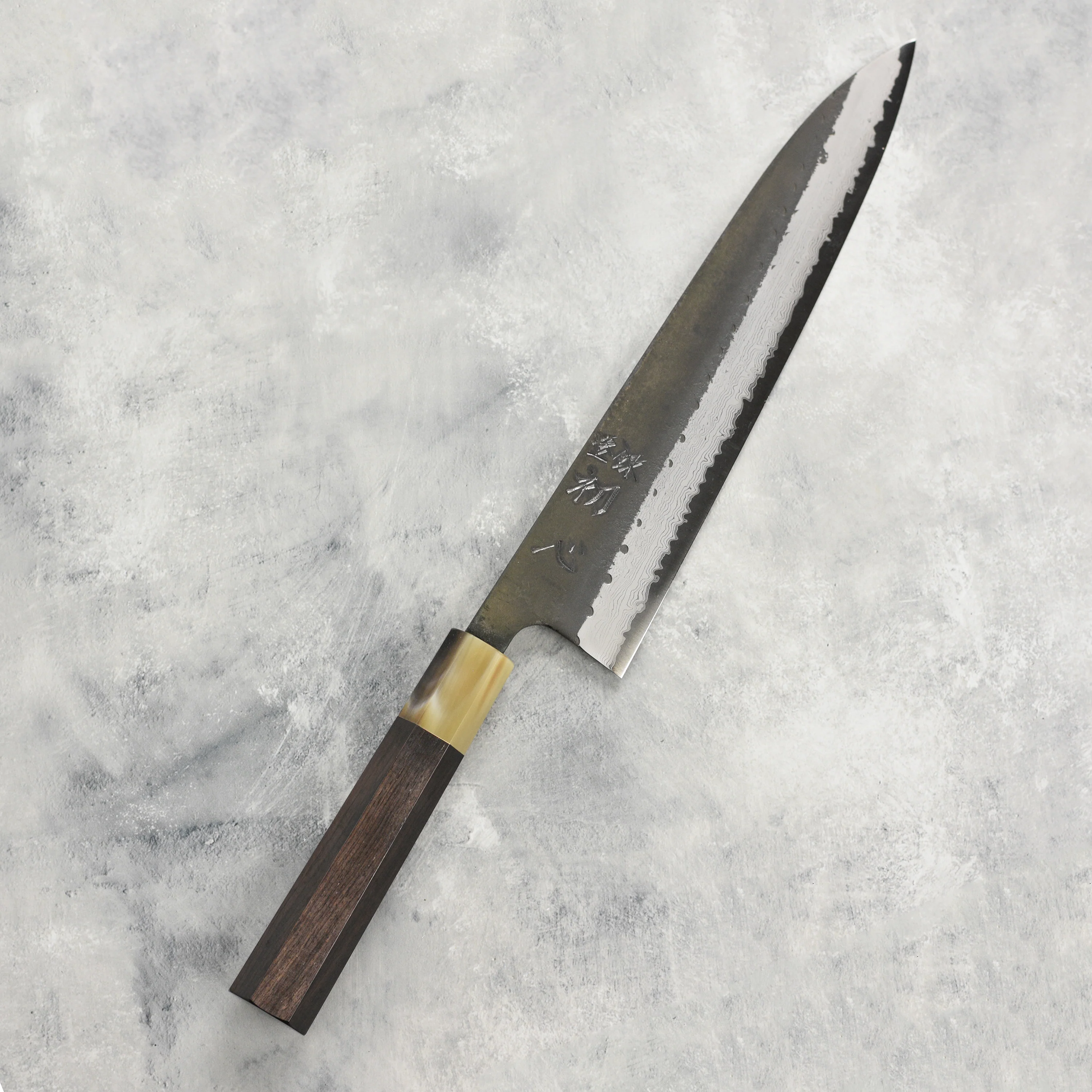 Hatsukokoro Shinkiro Aogami Super Kurouchi Damascus 9.4" Gyuto, Ebony with Ferrule - Image 8