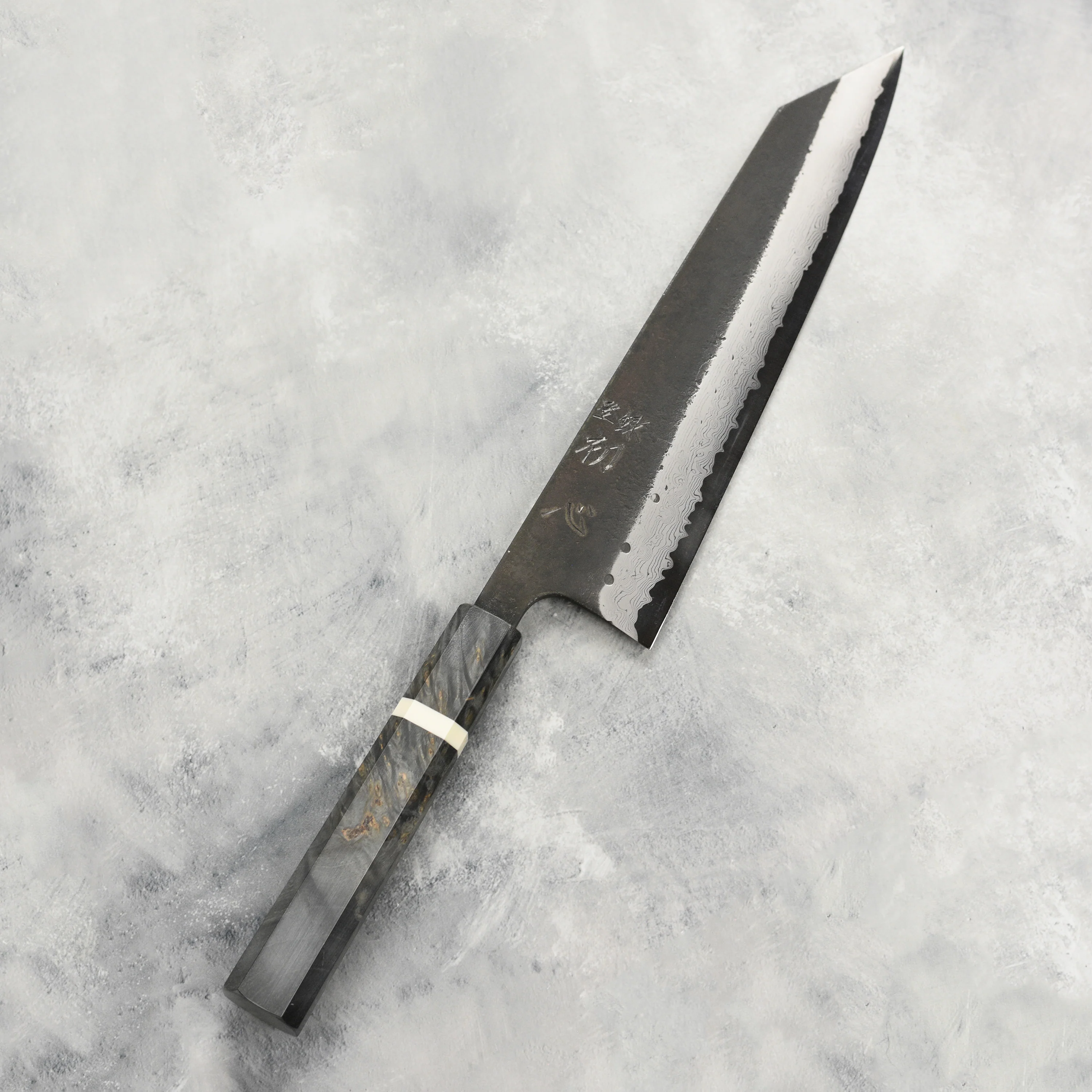 Hatsukokoro Shinkiro Aogami Super Kurouchi Damascus 8.25" Kiritsuke, Stabilized Birch - Image 8