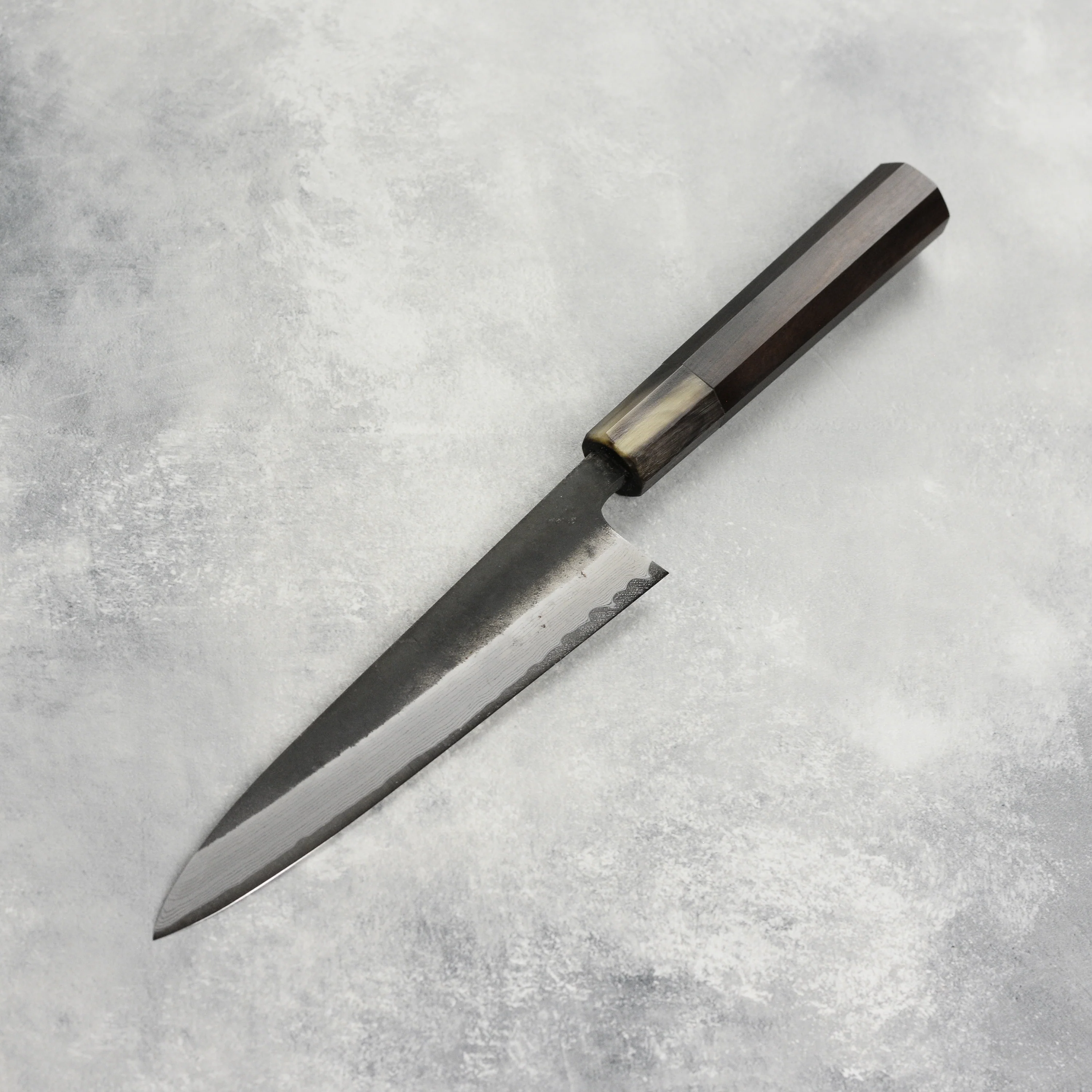Hatsukokoro Shinkiro Aogami Super Kurouchi Damascus 5.9" Petty, Ebony with Ferrule - Image 5