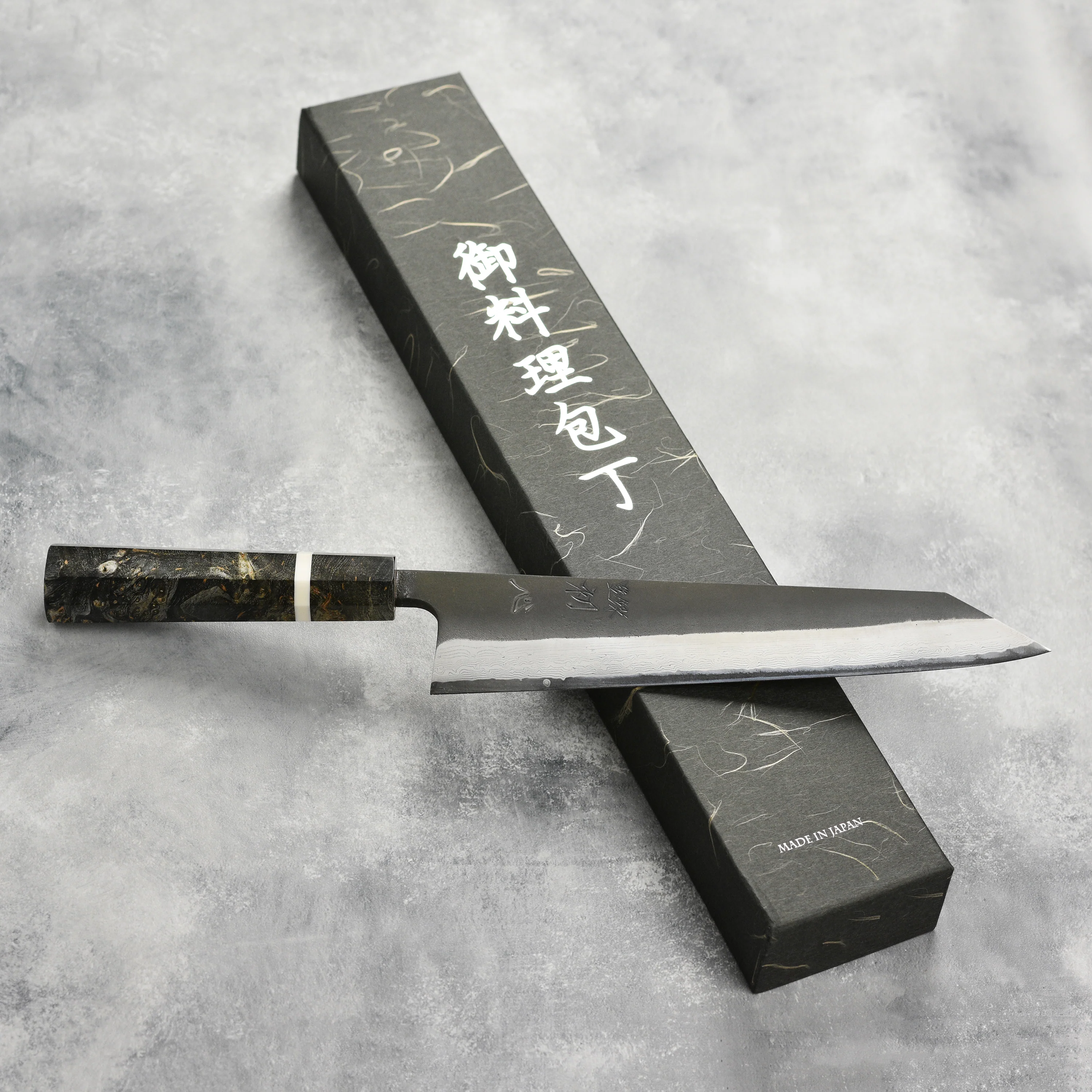 Hatsukokoro Shinkiro Aogami Super Kurouchi Damascus 9.4" Kiritsuke, Stabilized Birch - Image 4