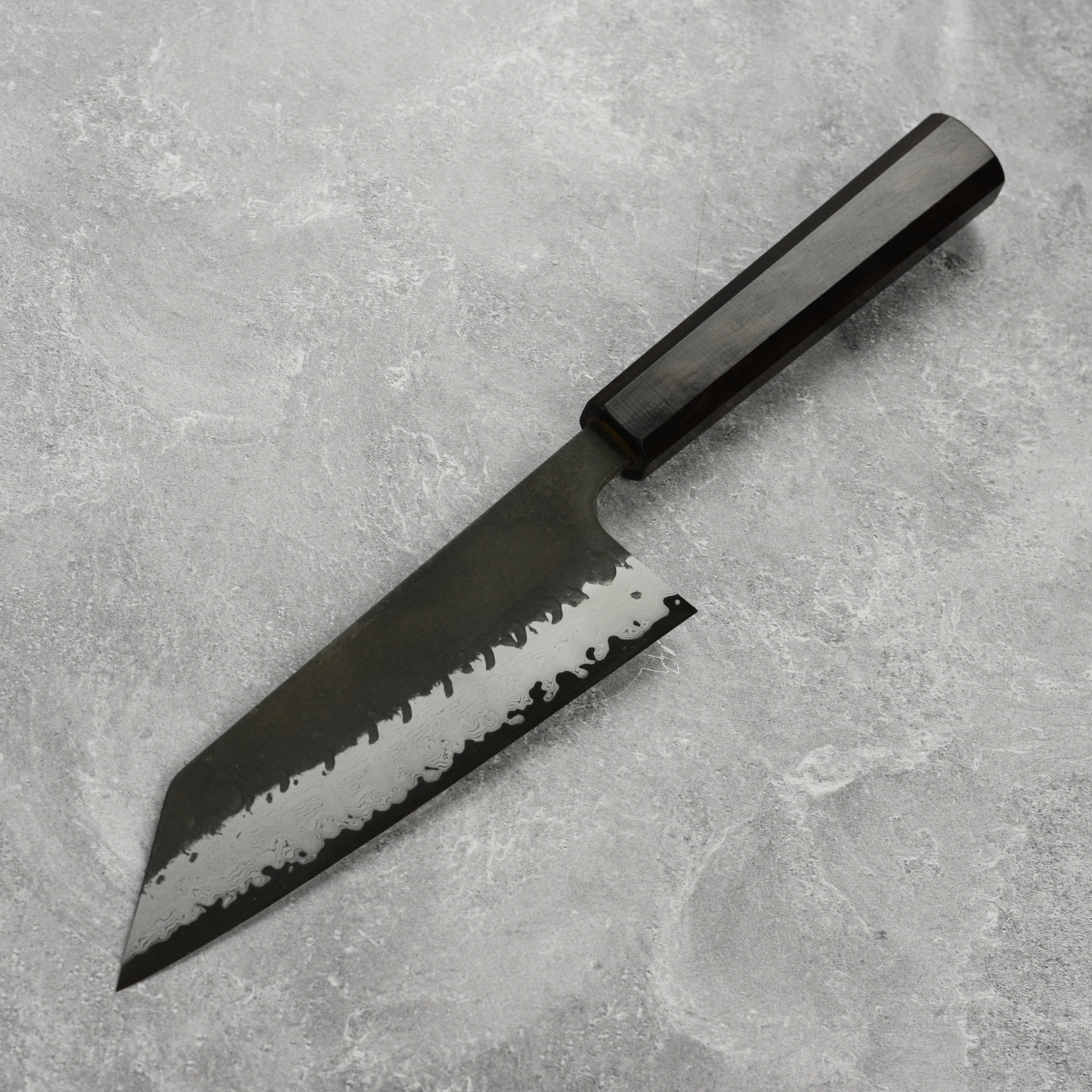 Hatsukokoro Shinkiro Aogami Super Kurouchi Damascus 6.5" Bunka, Ebony - Image 4