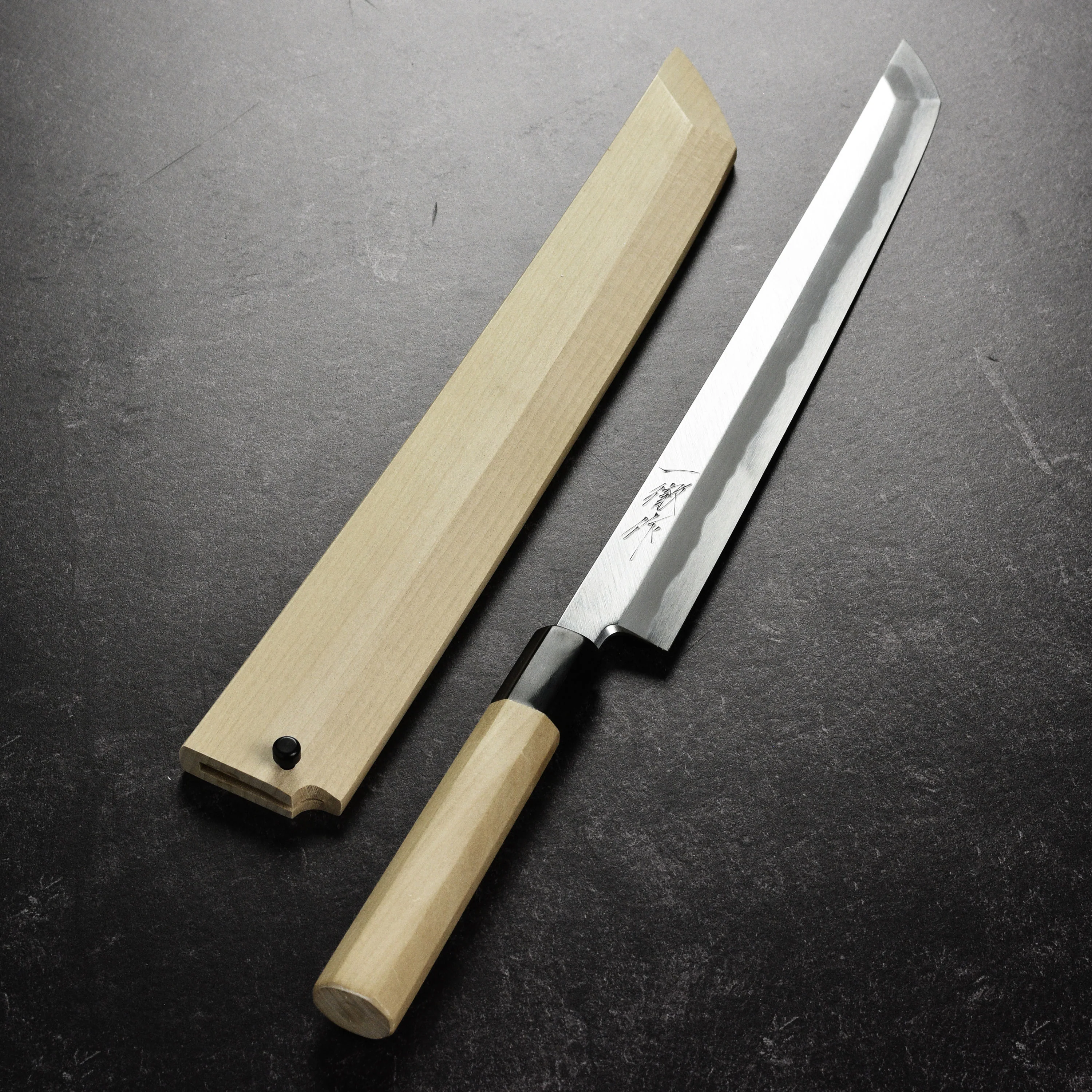 Ittetsu x Tanaka Shirogami #2 Single Bevel 10.6" Sakimaru Takohiki with Saya - Image 9