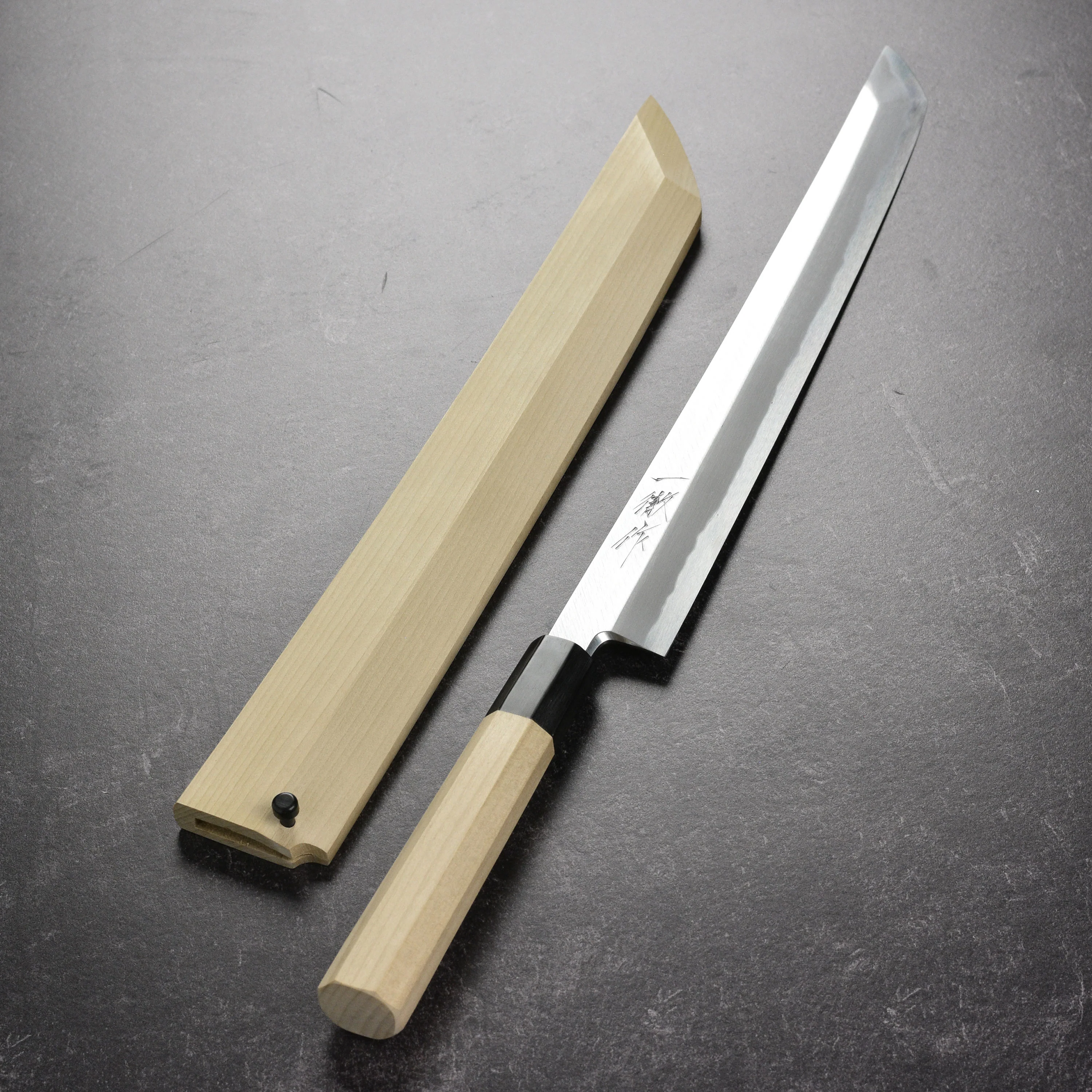 Ittetsu x Tanaka Shirogami #2 Single Bevel 11.8" Sakimaru Takohiki with Saya - Image 9