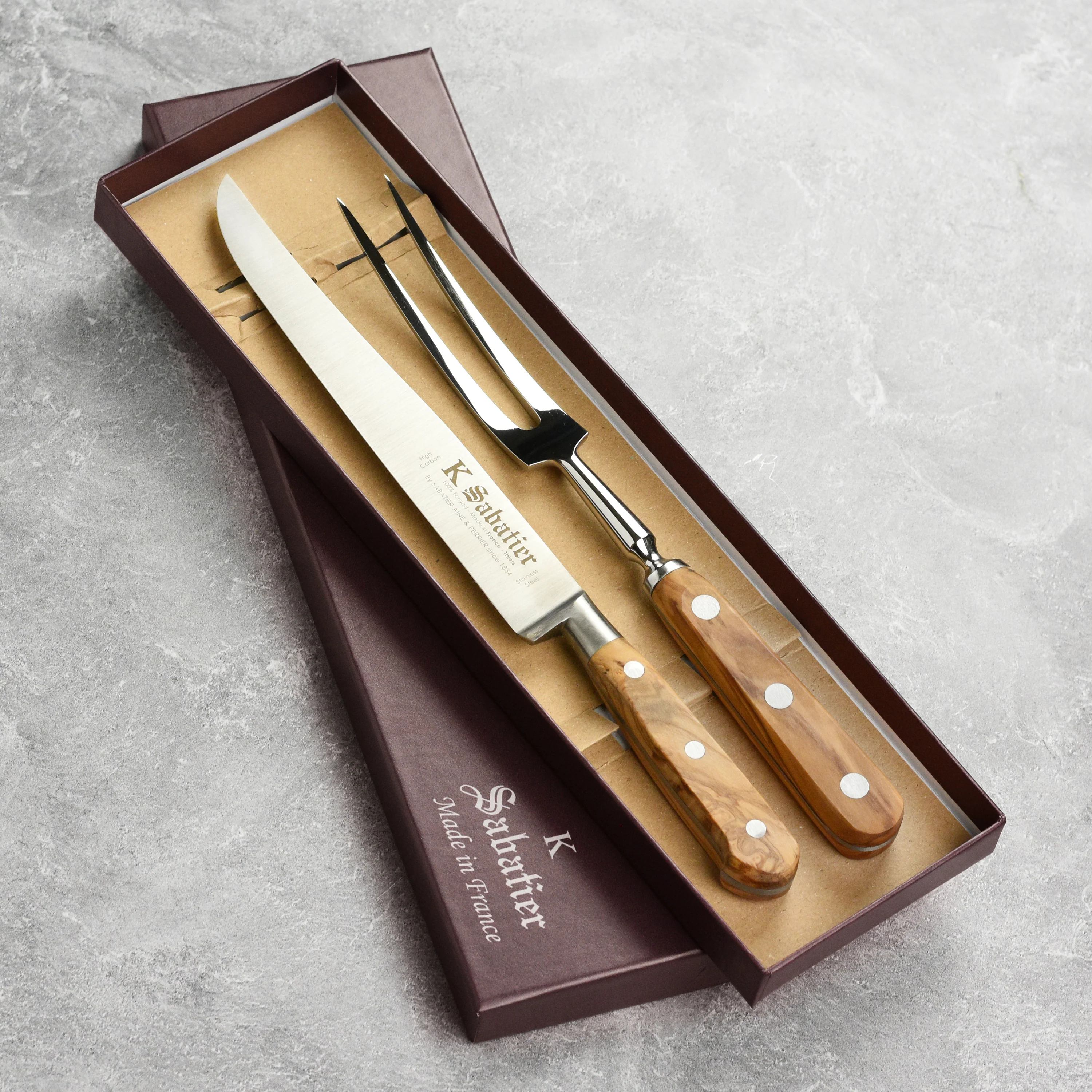 K Sabatier Olive Wood Carving Knife & Fork Set - Image 6