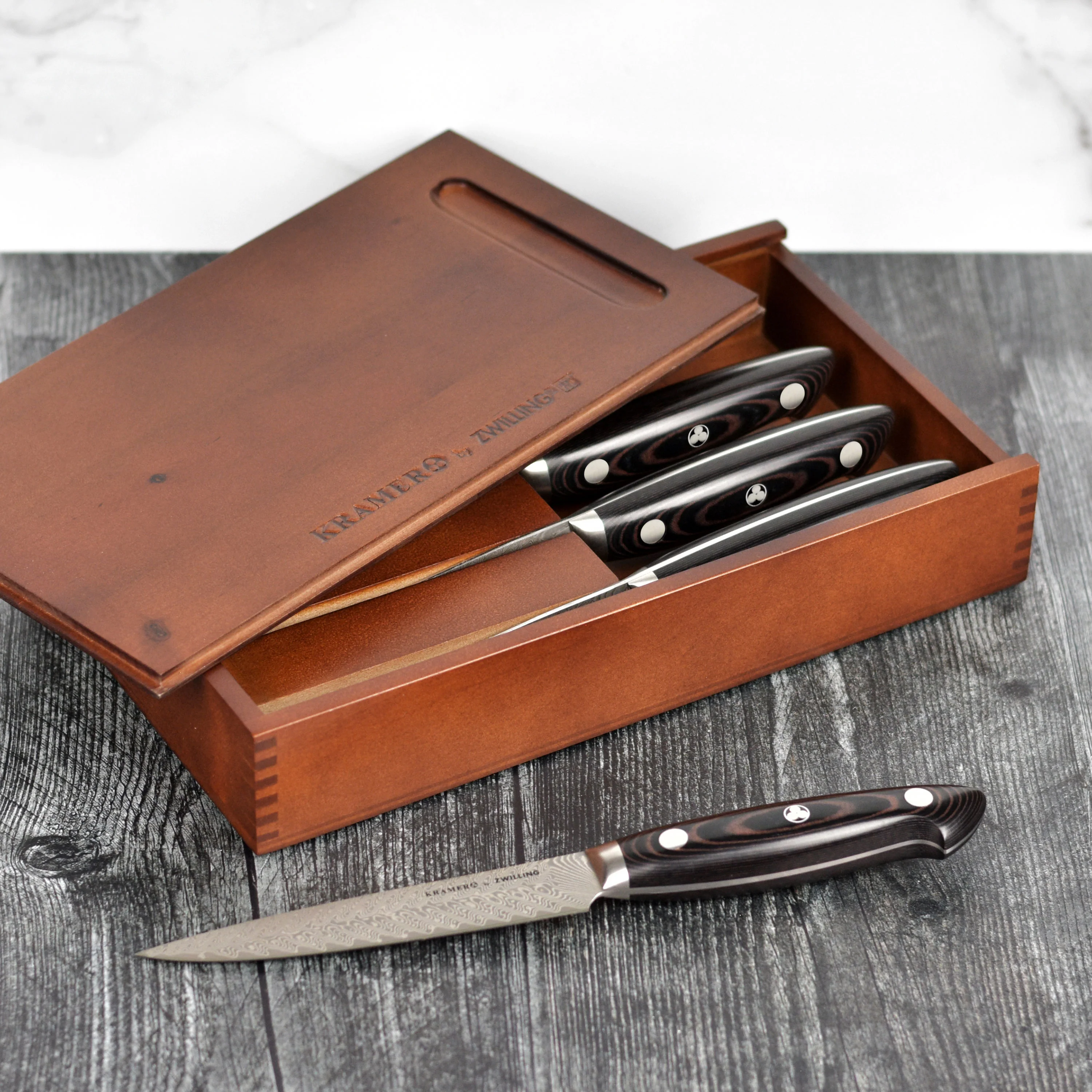 Kramer Stainless Damascus 4 Piece Steak Knife Set with Presentation Chest - Image 9