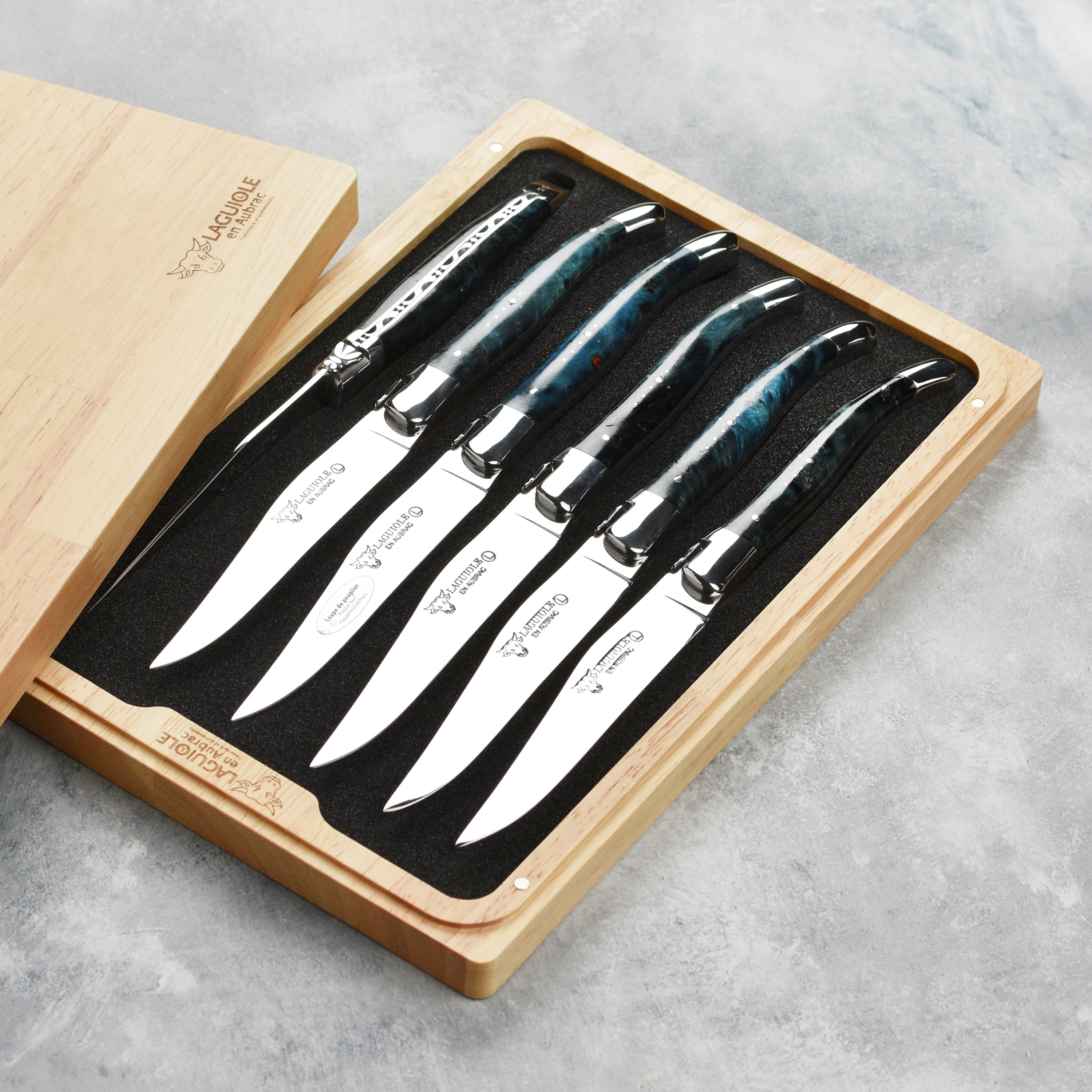 Laguiole en Aubrac 6 Piece Stainless Steel Steak Knife Set with Blue Poplar Burl Handles - Image 4