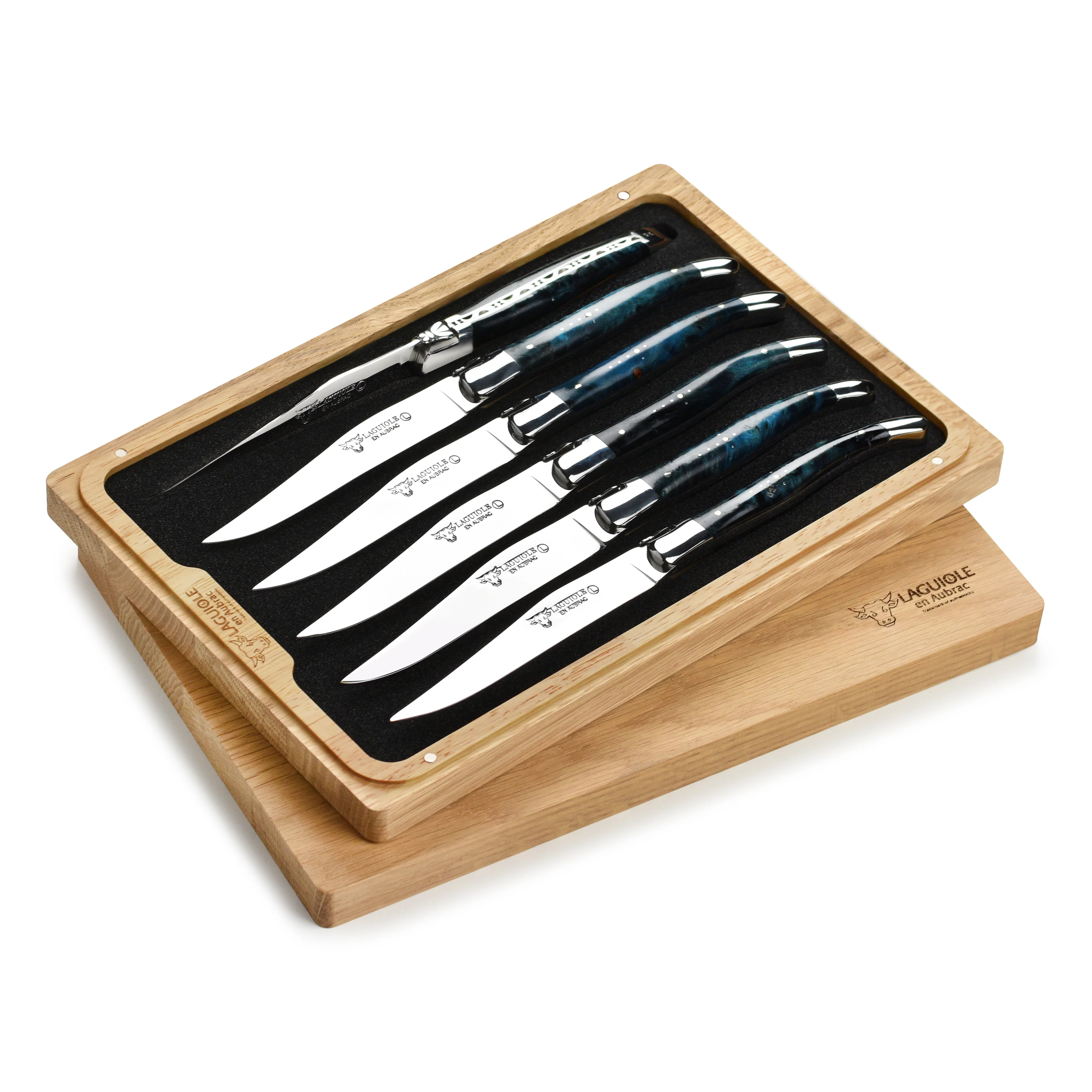 Laguiole en Aubrac 6 Piece Stainless Steel Steak Knife Set with Blue Poplar Burl Handles - Image 7