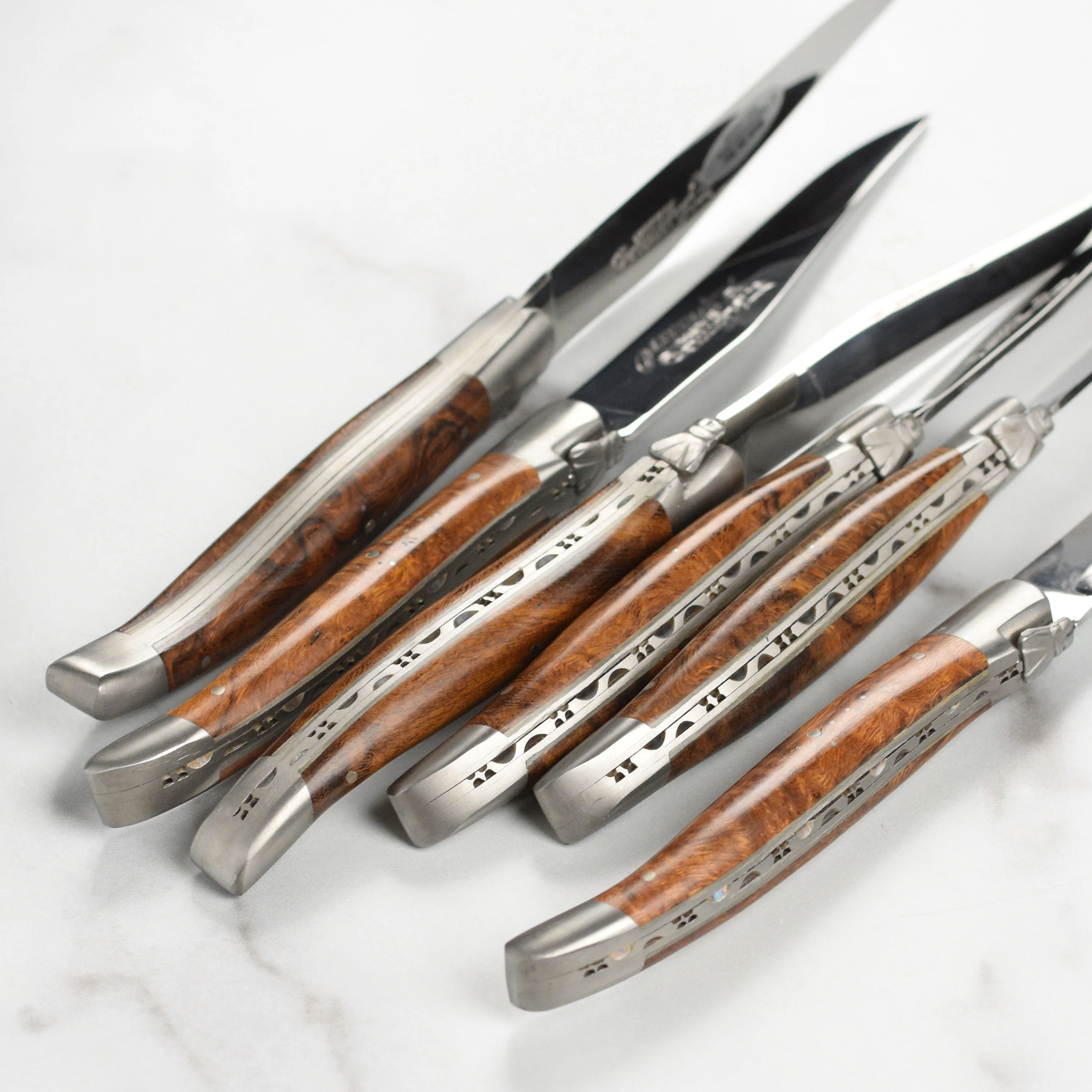 Laguiole en Aubrac 6 Piece Stainless Steel Steak Knife Set with Desert Iron Wood Burl Handles - Image 5