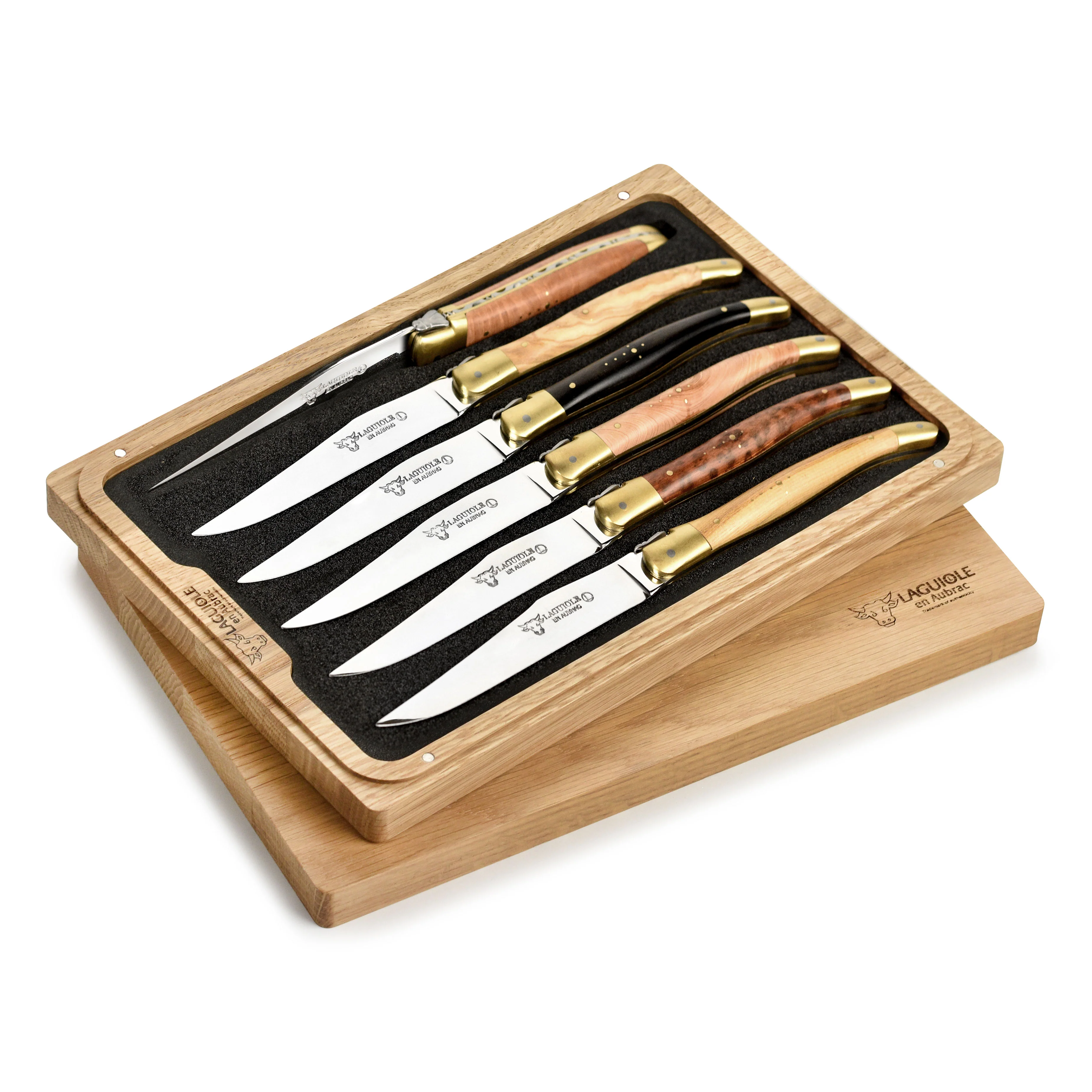 Laguiole en Aubrac 6 Piece Steak Knife Set with Burl Mixed Wood Handles & Brass Bolsters - Image 7