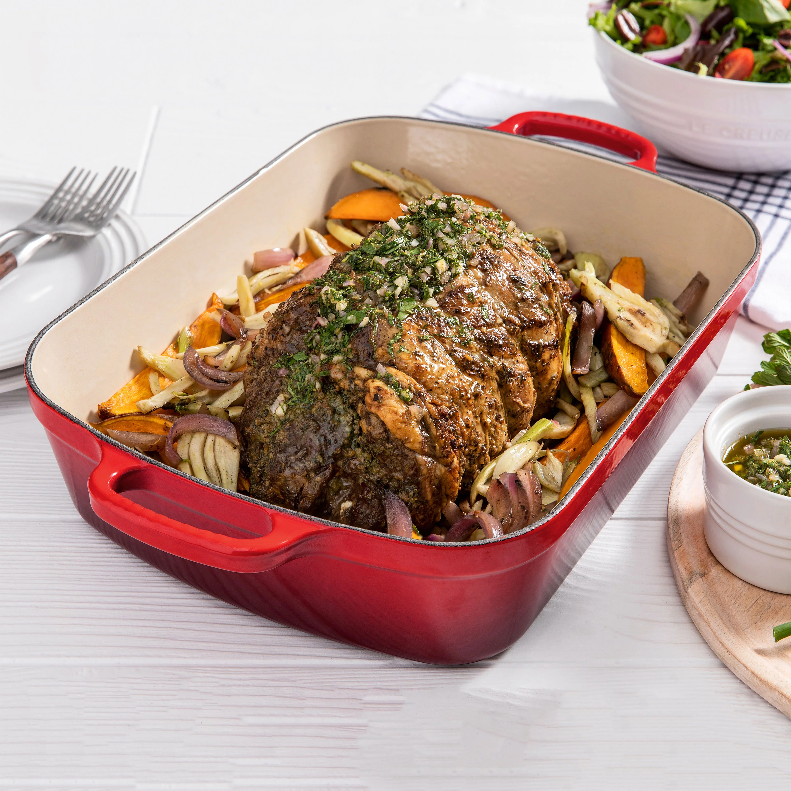 Le Creuset Signature Cast Iron Cerise Roasting Pan, 12.75x9.75" - Image 4