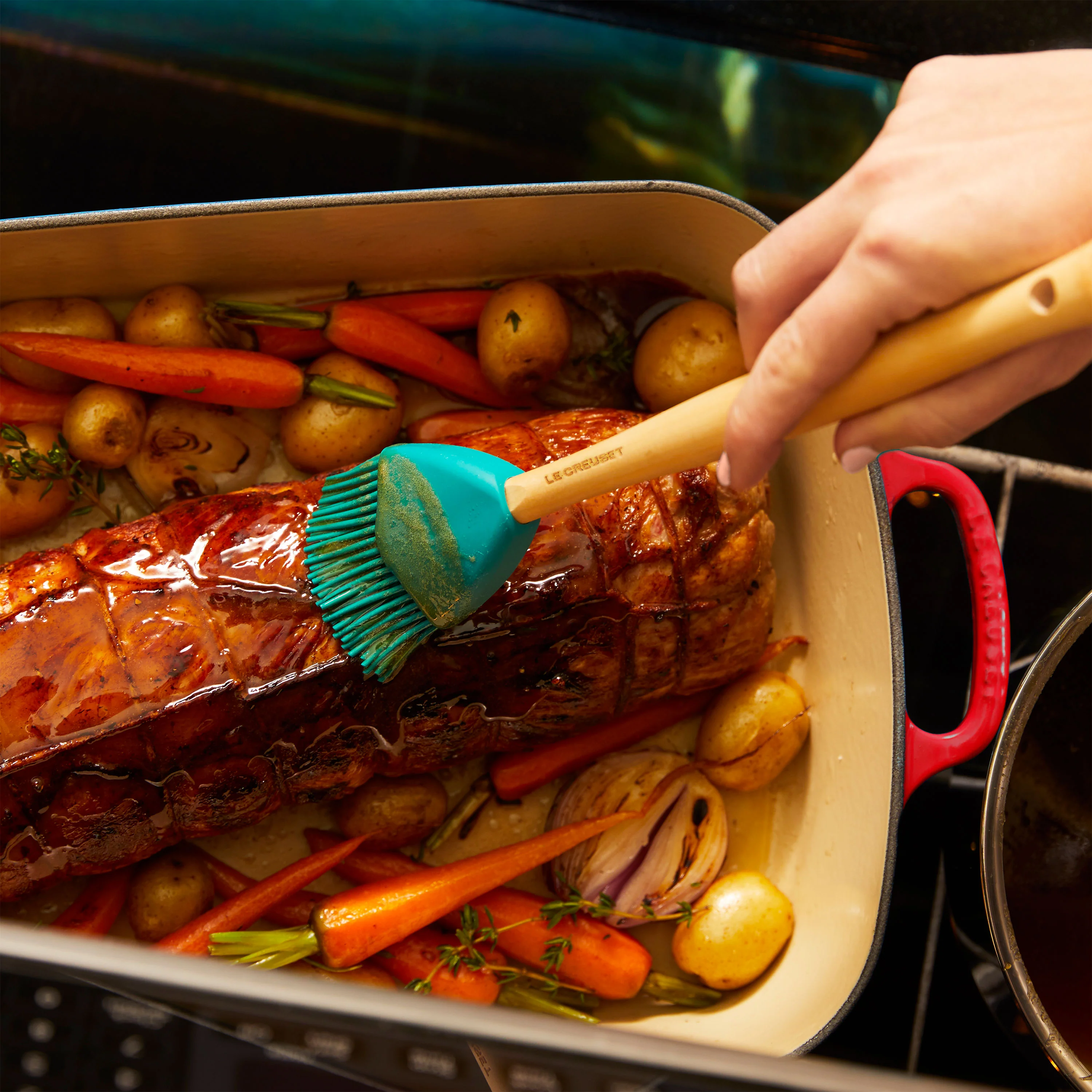 Le Creuset Signature Cast Iron Cerise Roasting Pan, 12.75x9.75" - Image 5