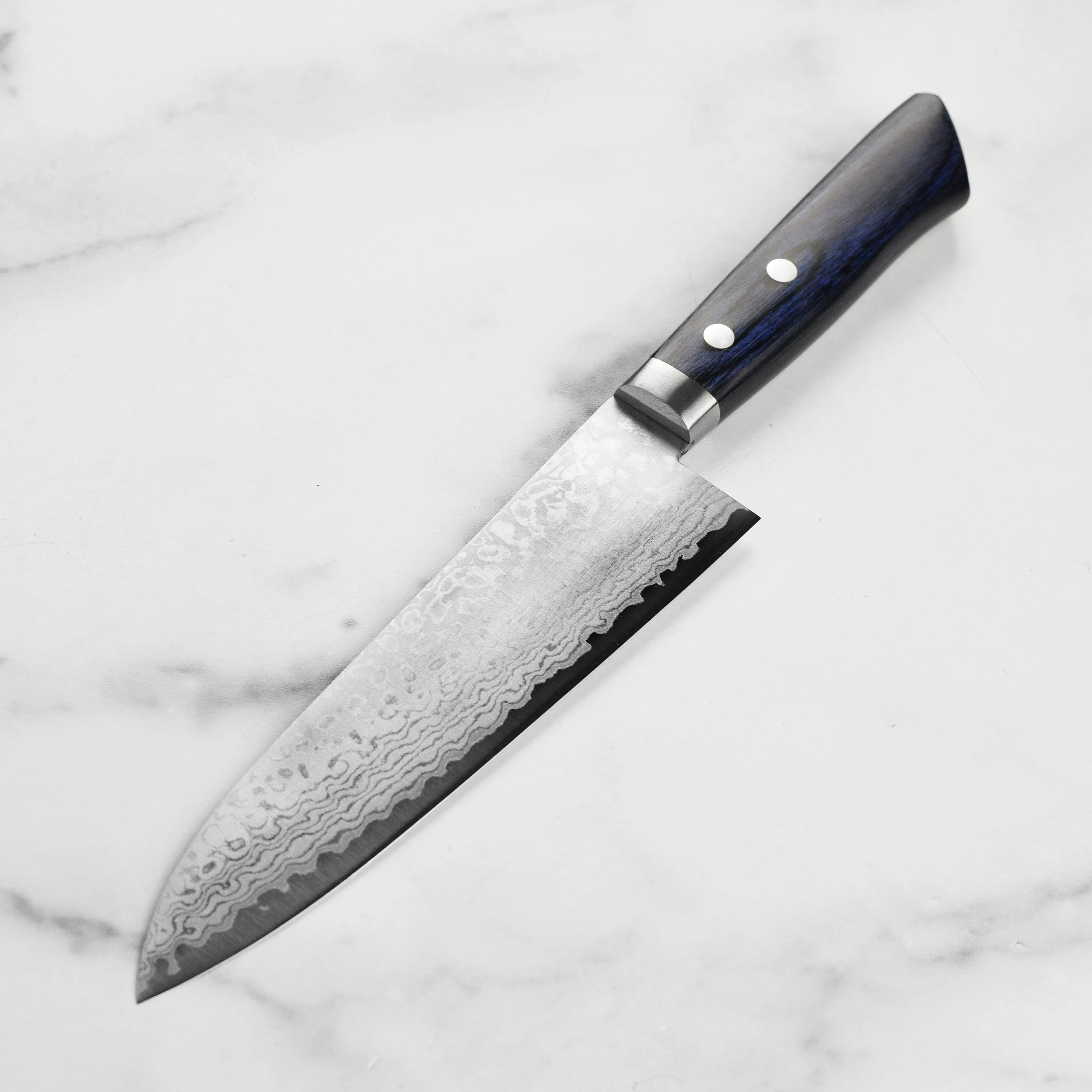 Masutani VG10 Damascus 7" Gyuto, Blue Handle - Image 6