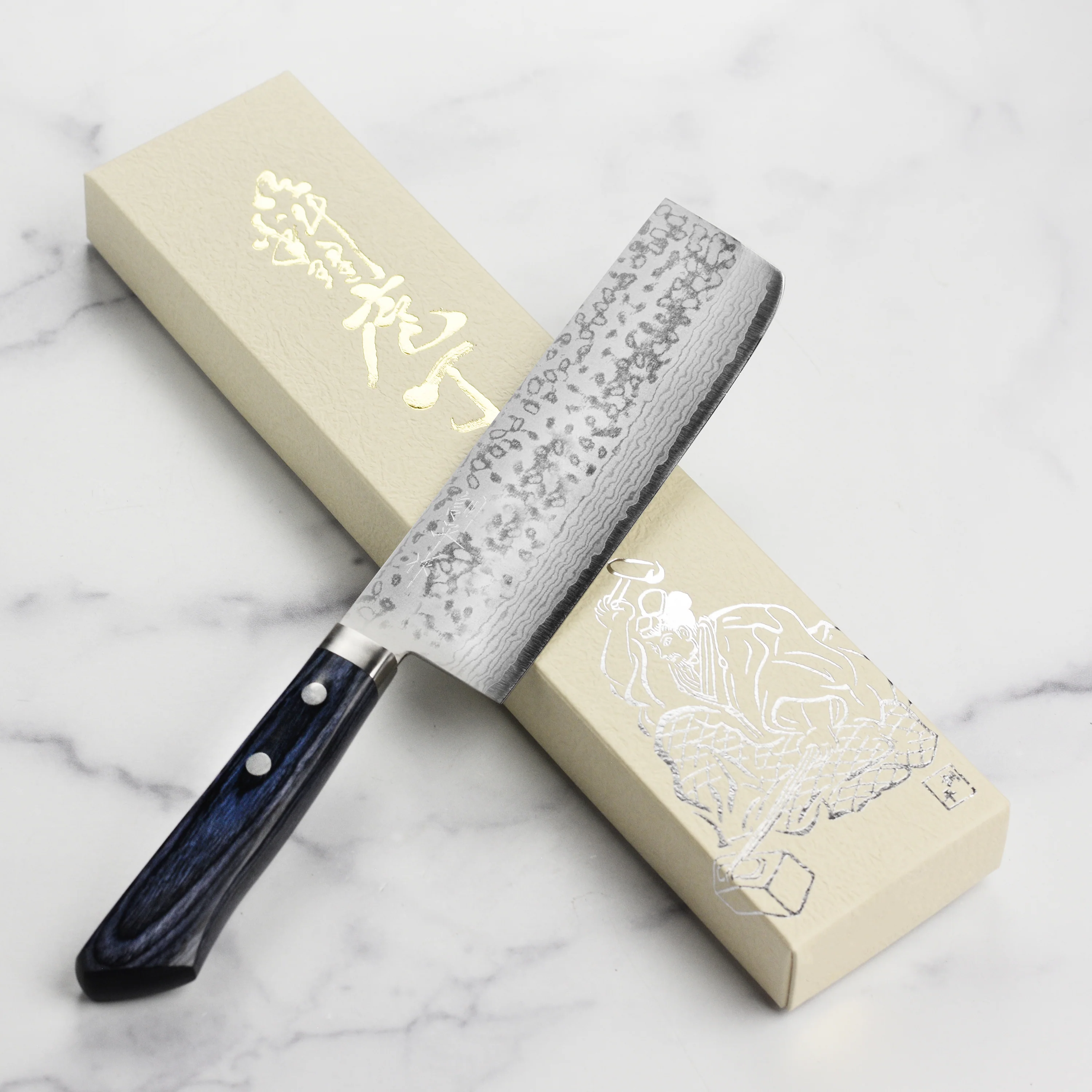Masutani VG10 Damascus 6.7" Tall Nakiri, Blue Handle - Image 7