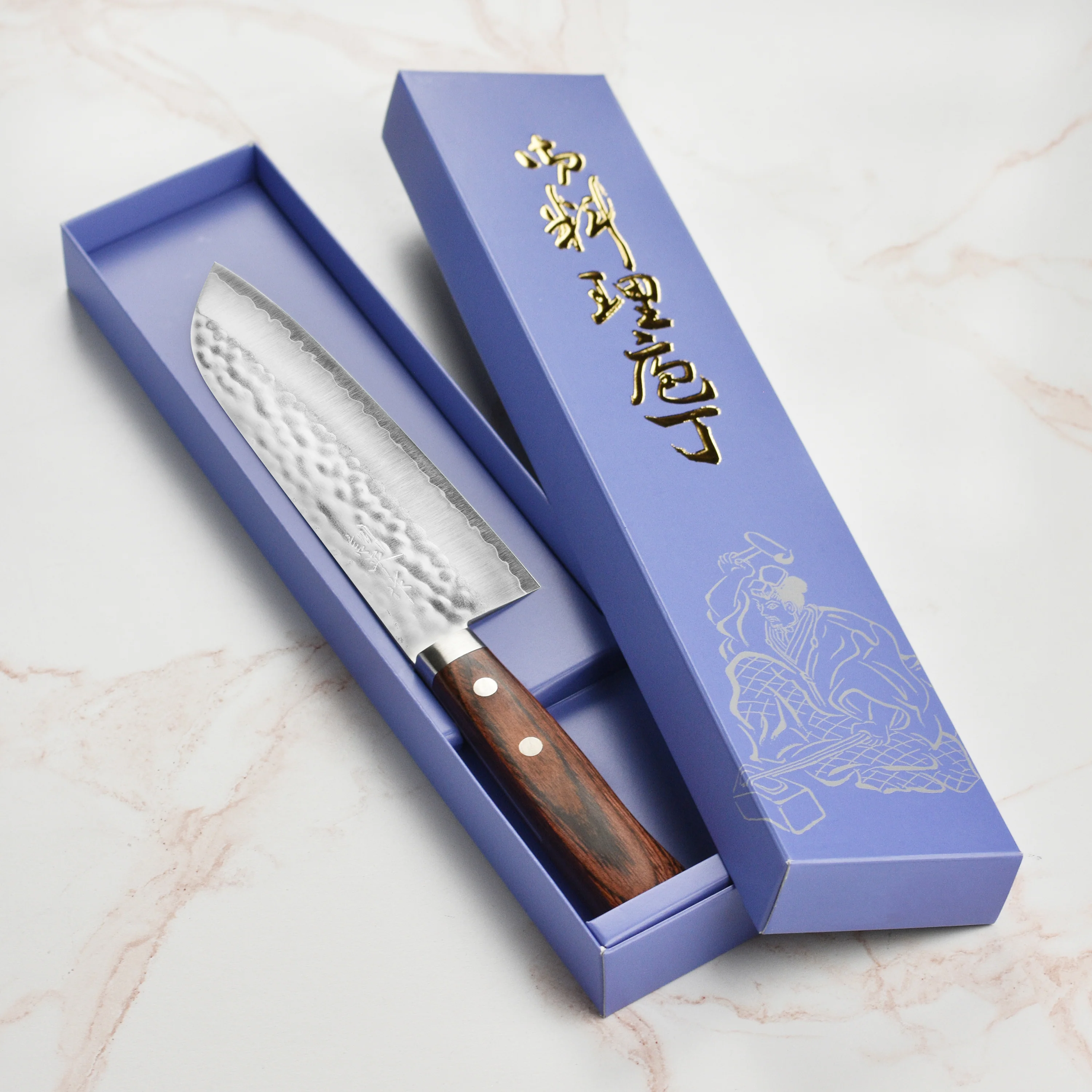 Masutani VG1 Hammered 6.7" Santoku, Brown Handle - Image 7