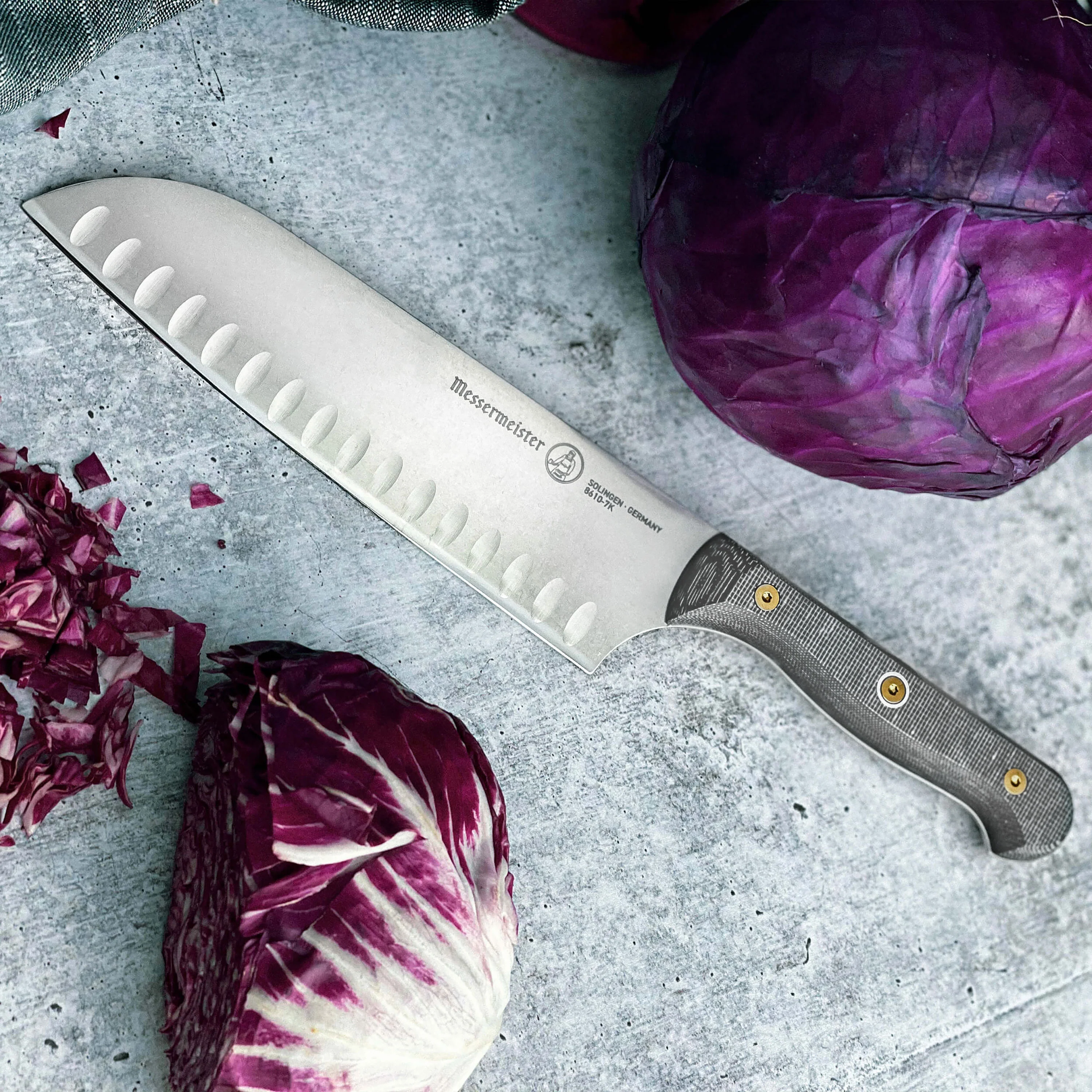 Messermeister Custom Micarta 7" Hollow Edge Santoku Knife - Image 5