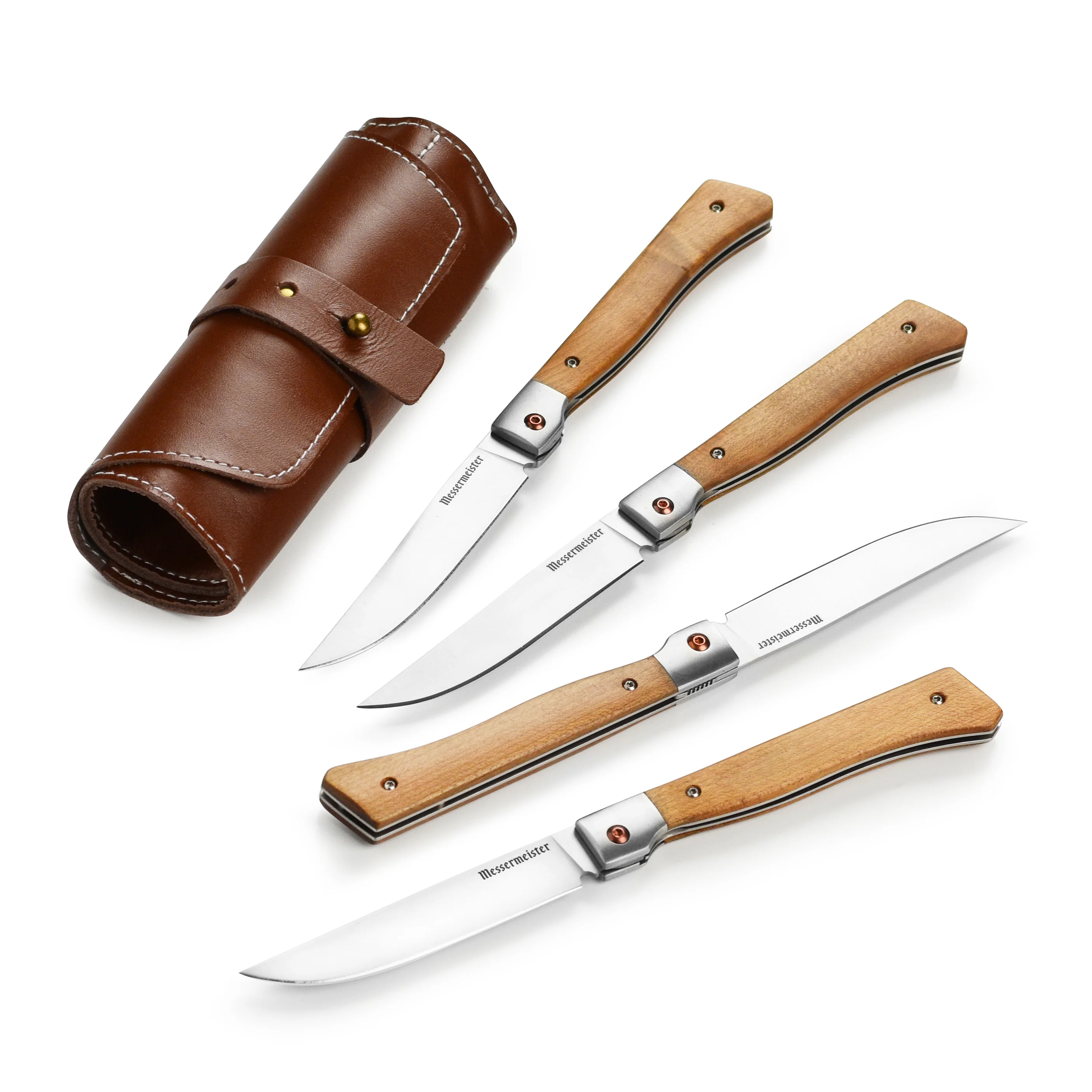 Messermeister 4 Piece Folding Steak Knife Set with Leather Roll - Image 5