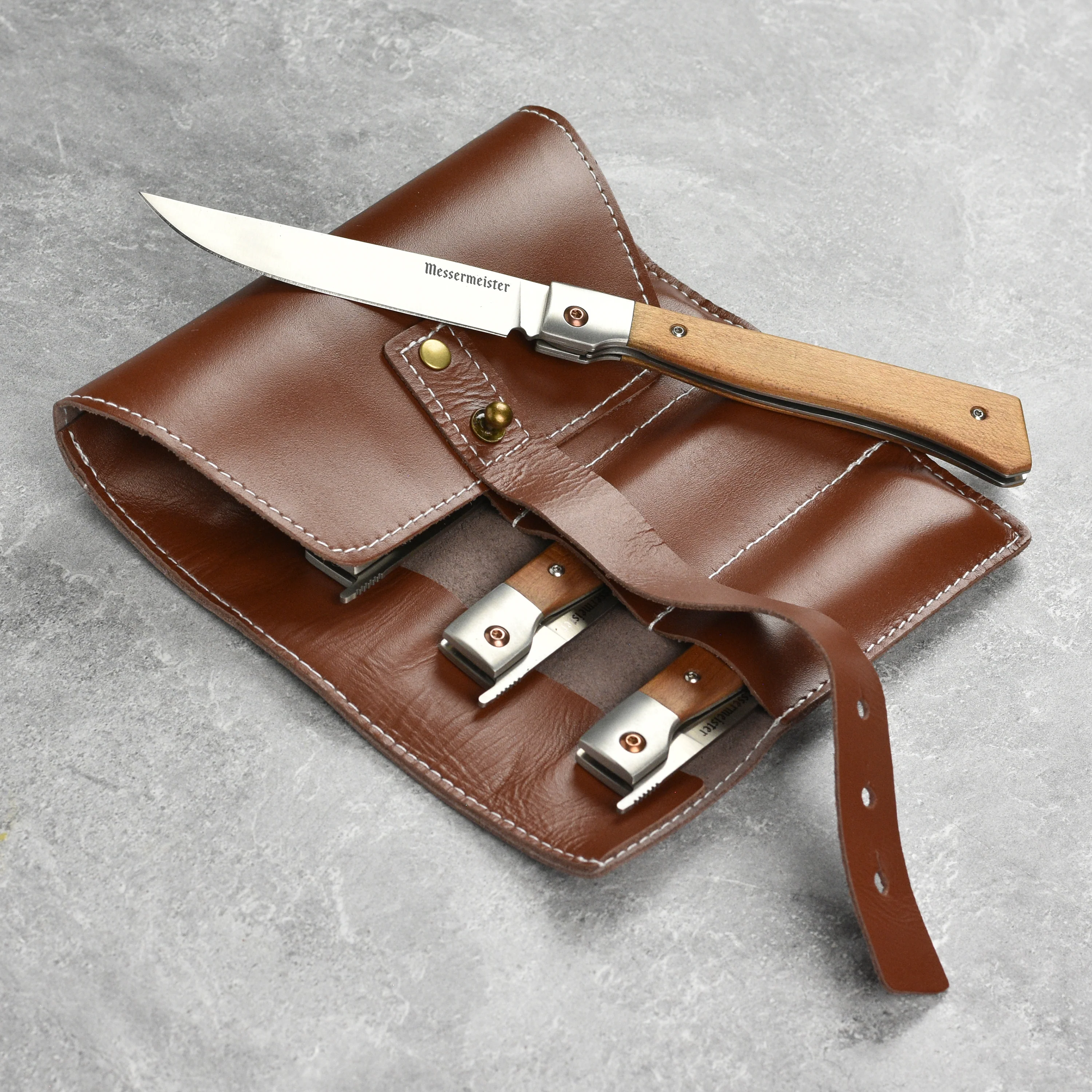 Messermeister 4 Piece Folding Steak Knife Set with Leather Roll - Image 7