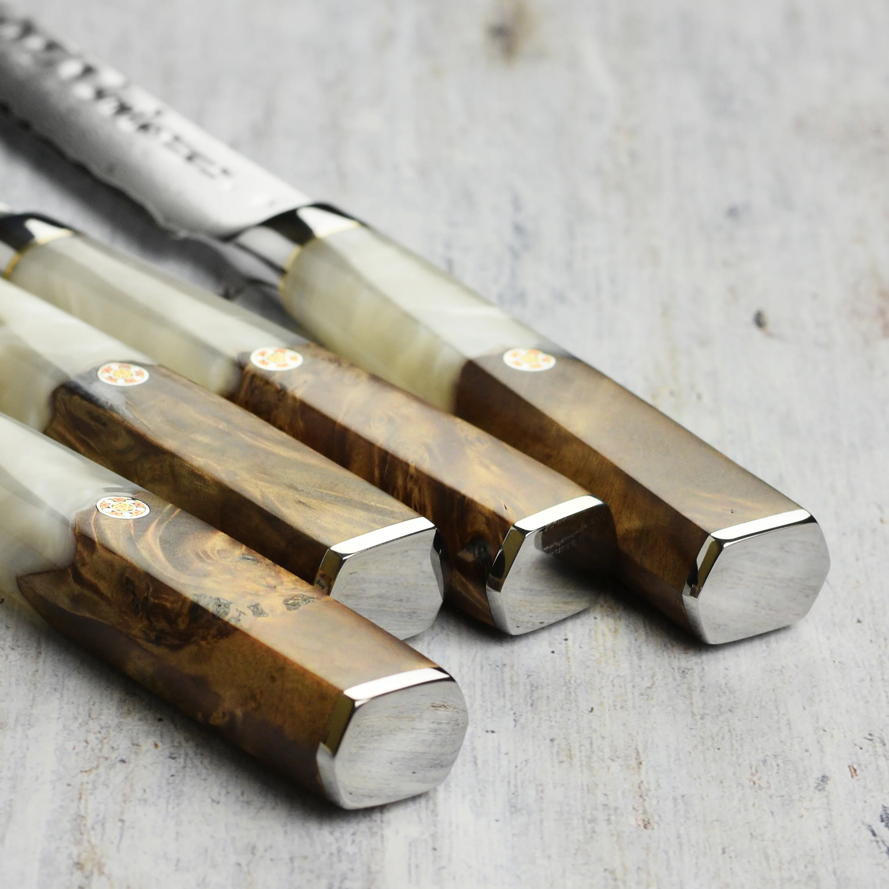 Nexus 4 Piece Damascus Steak Knife Set, White Resin & Stabilized Wood - Image 6