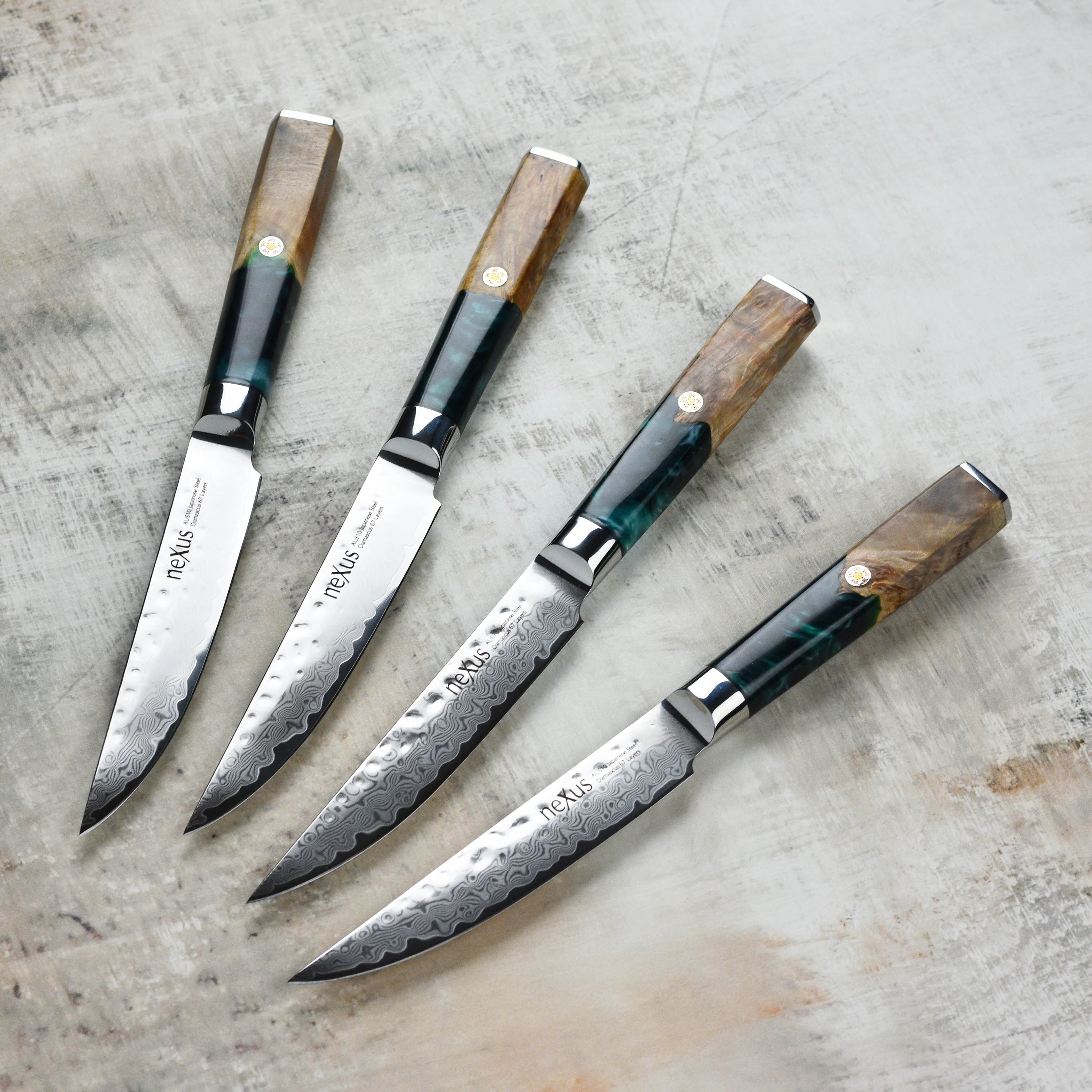 Nexus 4 Piece Damascus Steak Knife Set, Teal Resin & Stabilized Wood - Image 2