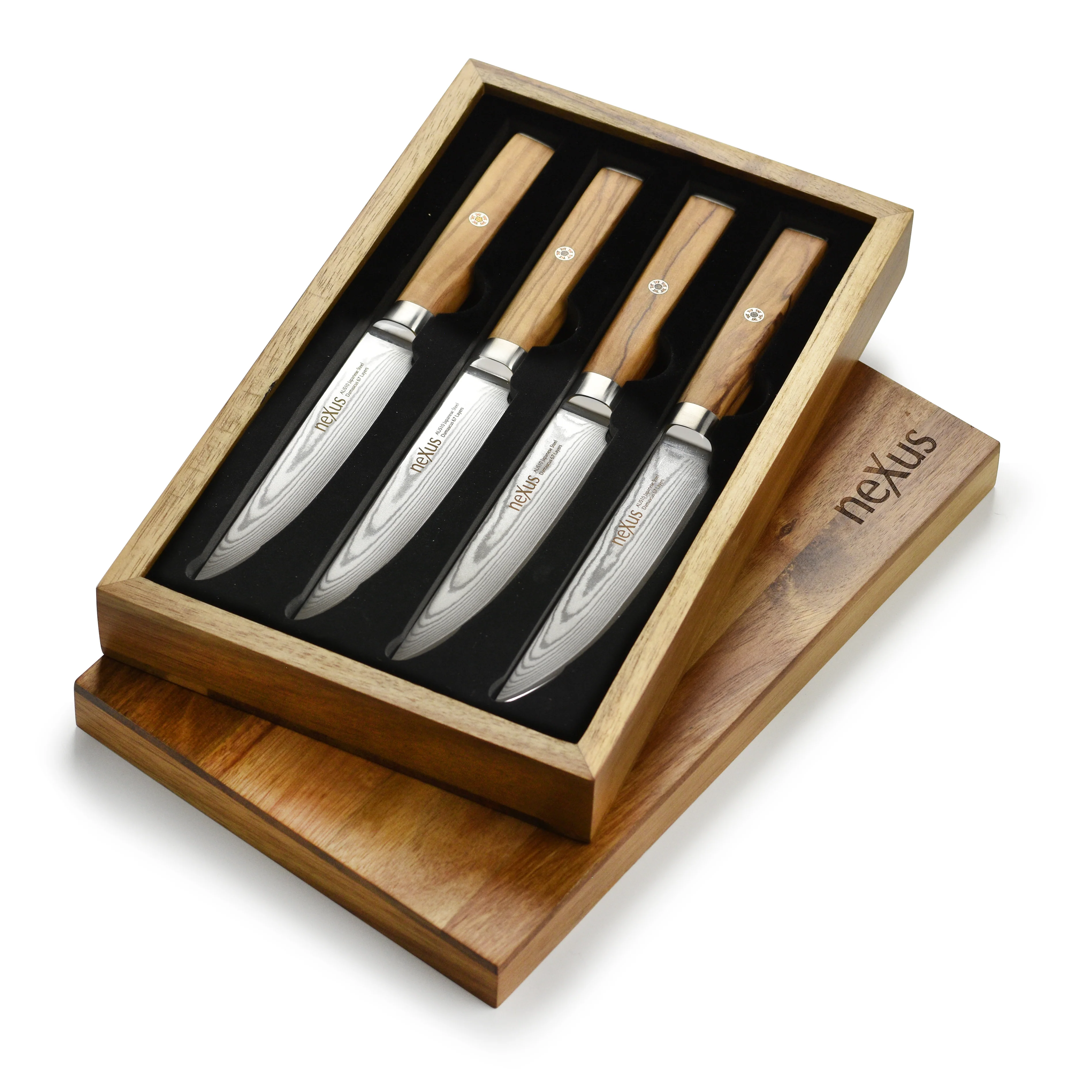 Nexus 4 Piece Damascus Steak Knife Set, Olive Wood - Image 9