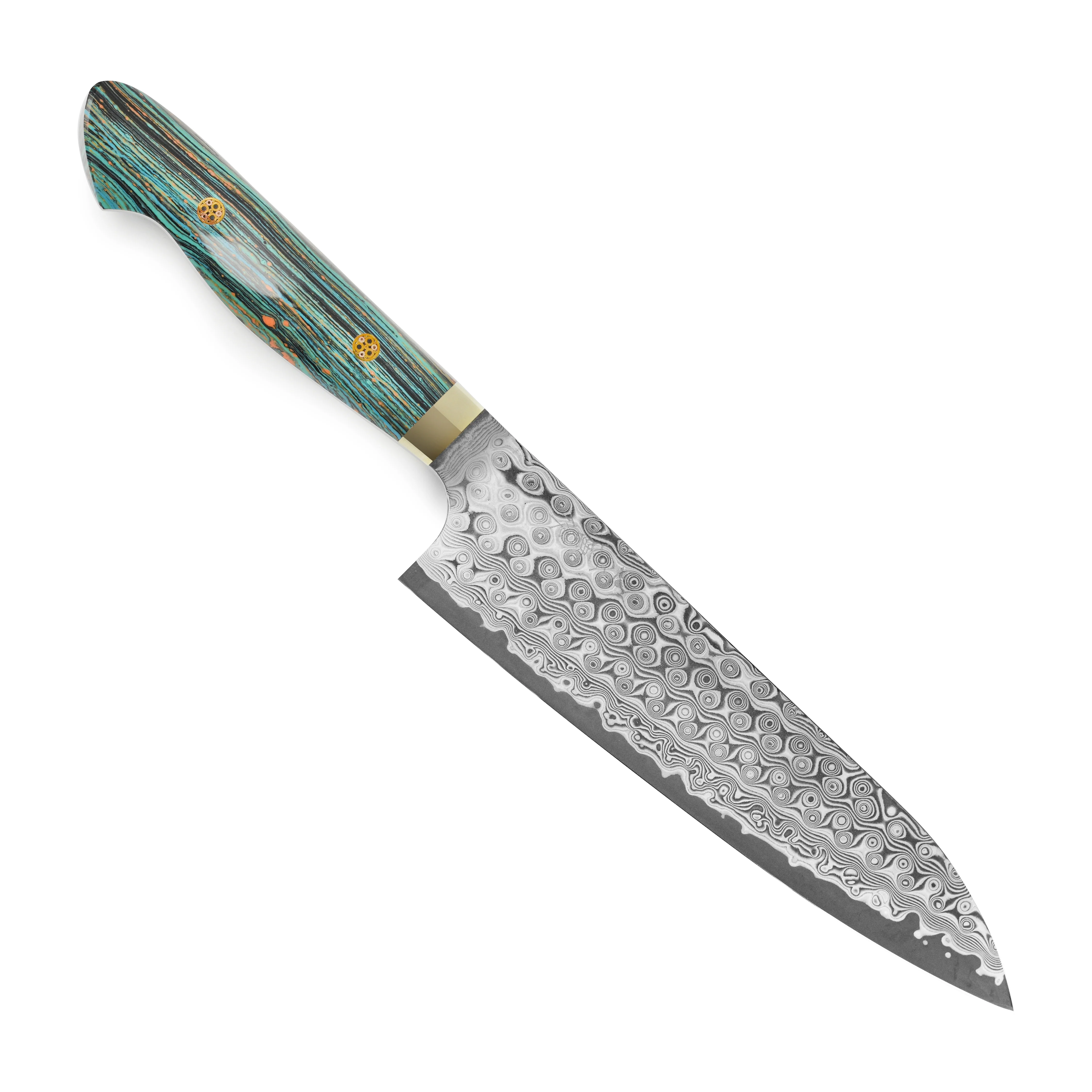 Nigara Anmon SG2 Damascus 8.25" Gyuto, Striped Turquoise - Image 5