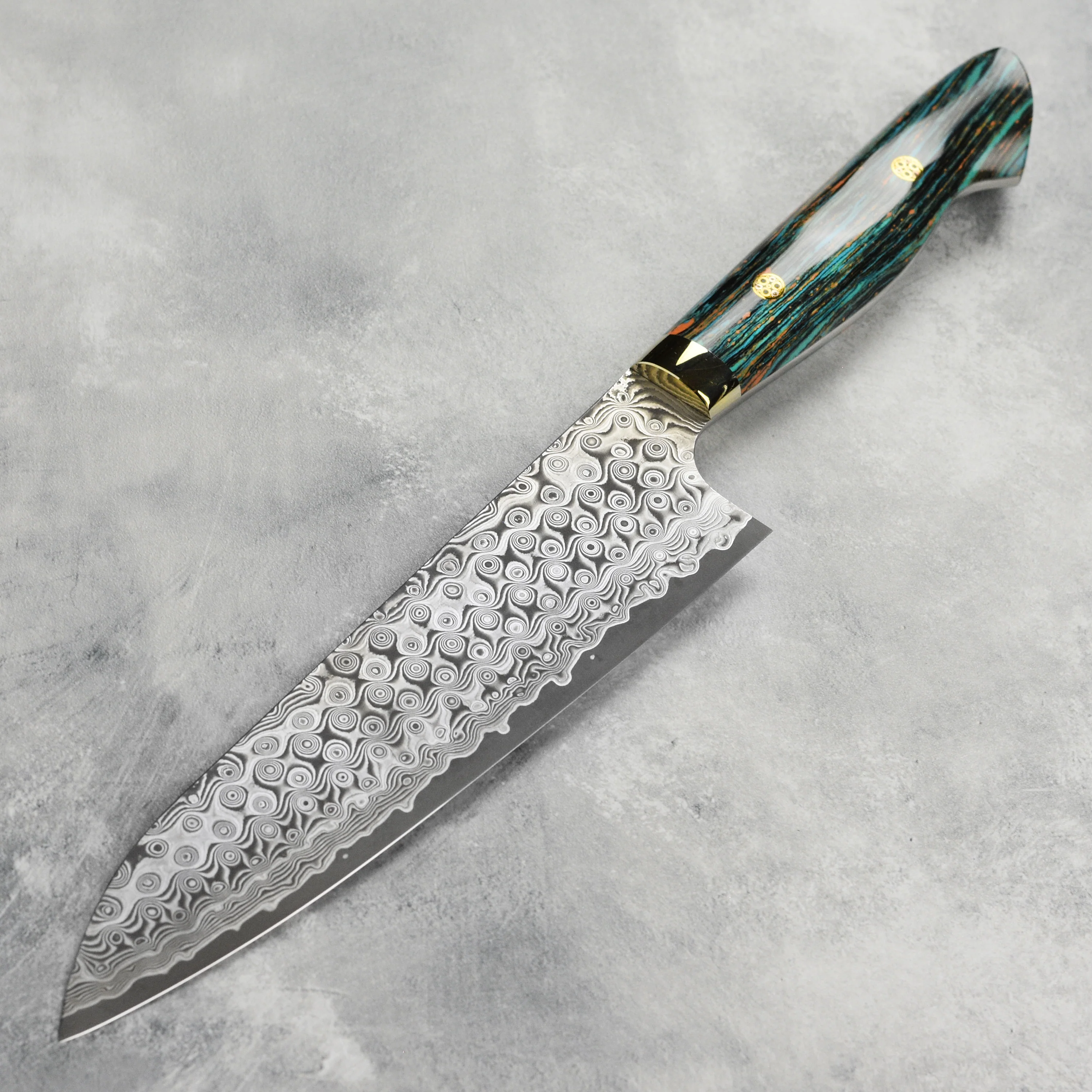 Nigara Anmon SG2 Damascus 8.25" Gyuto, Striped Turquoise - Image 7