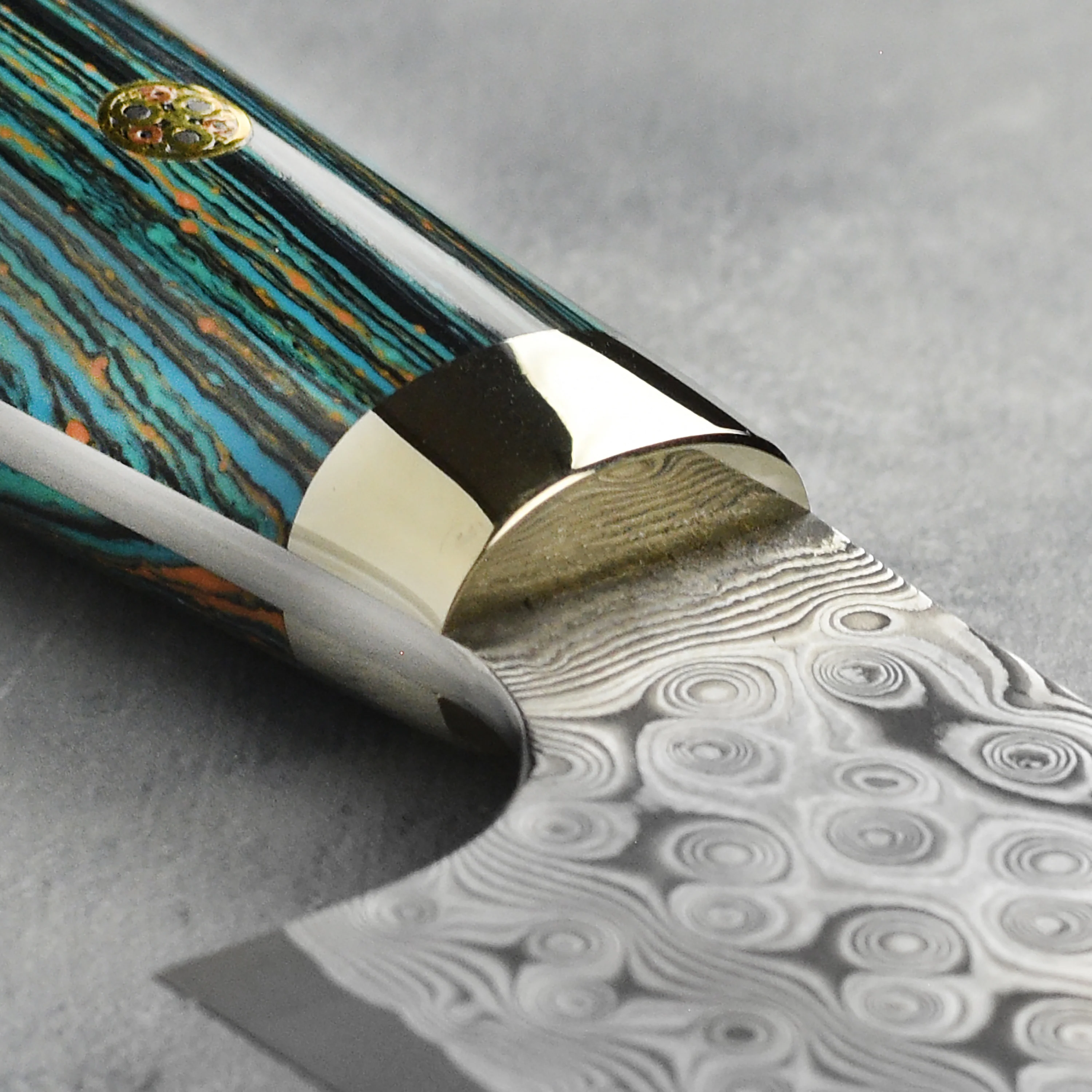 Nigara Anmon SG2 Damascus 8.25" Gyuto, Striped Turquoise - Image 8