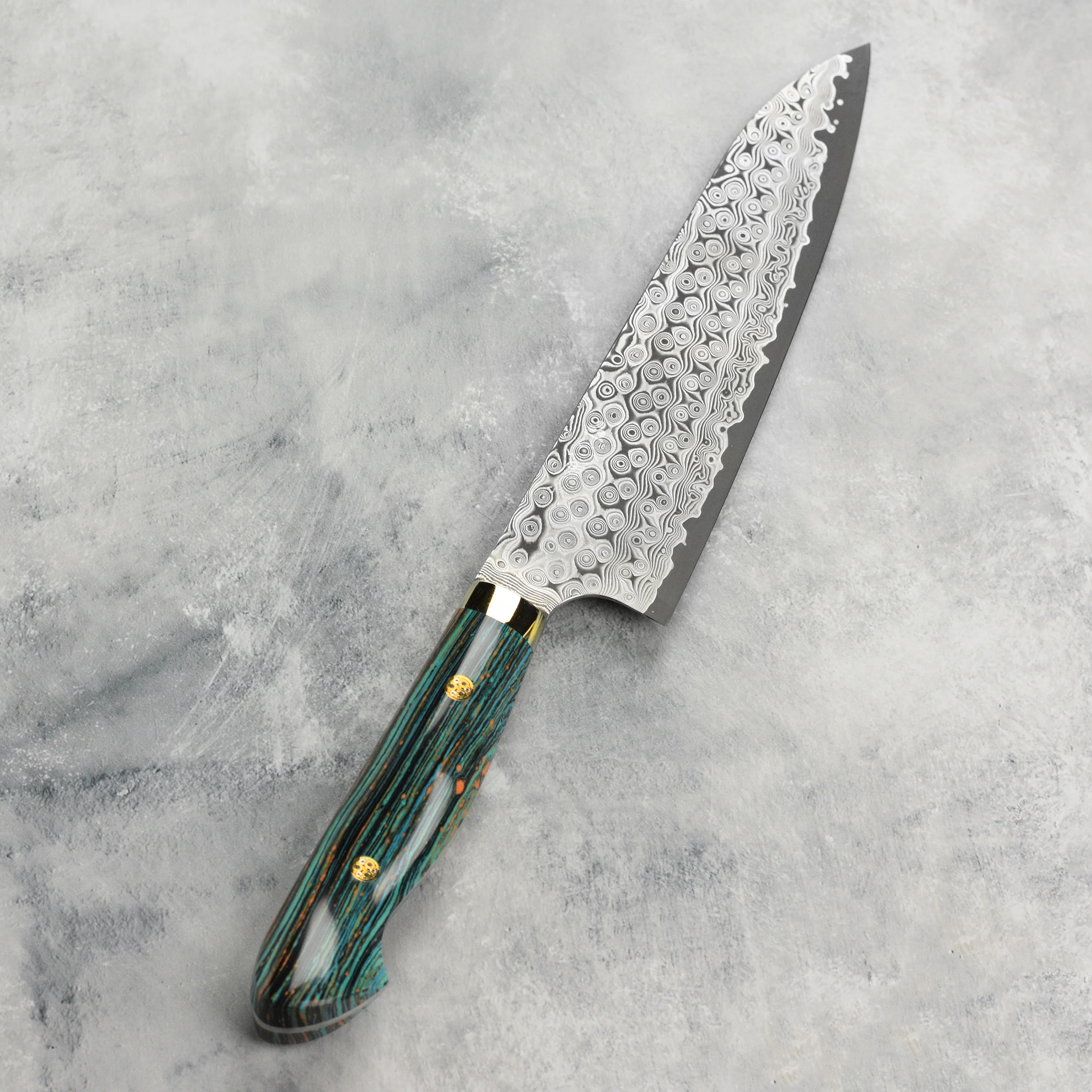 Nigara Anmon SG2 Damascus 8.25" Gyuto, Striped Turquoise - Image 9