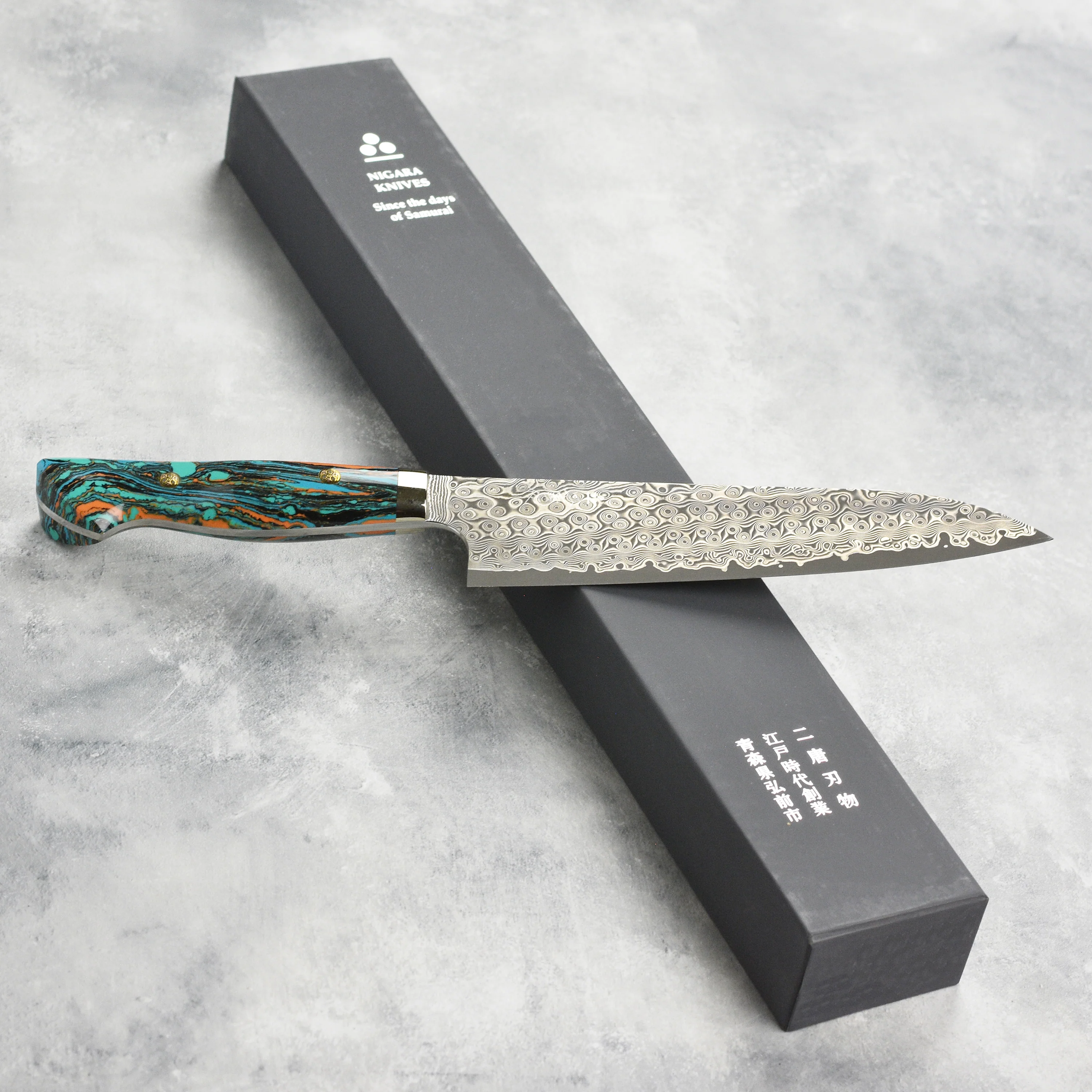 Nigara Anmon SG2 Damascus 8.25" Gyuto, Marble Turquoise - Image 6