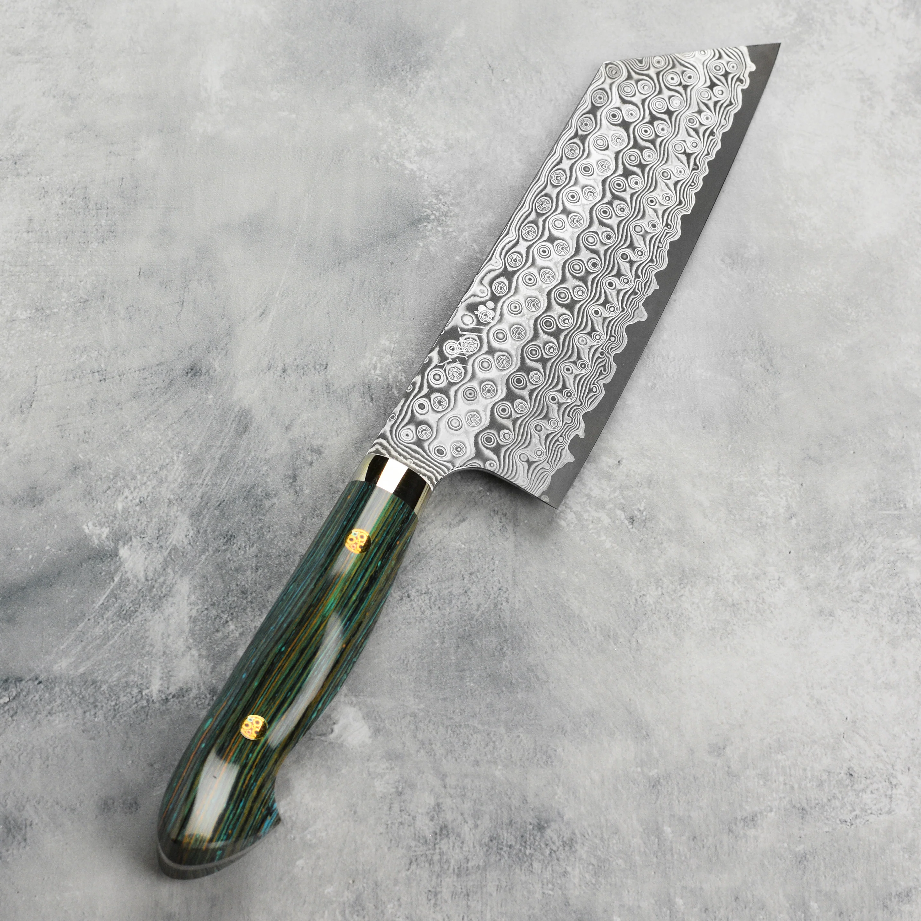 Nigara Anmon SG2 Damascus 7" Kiritsuke Nakiri, Striped Turquoise - Image 7