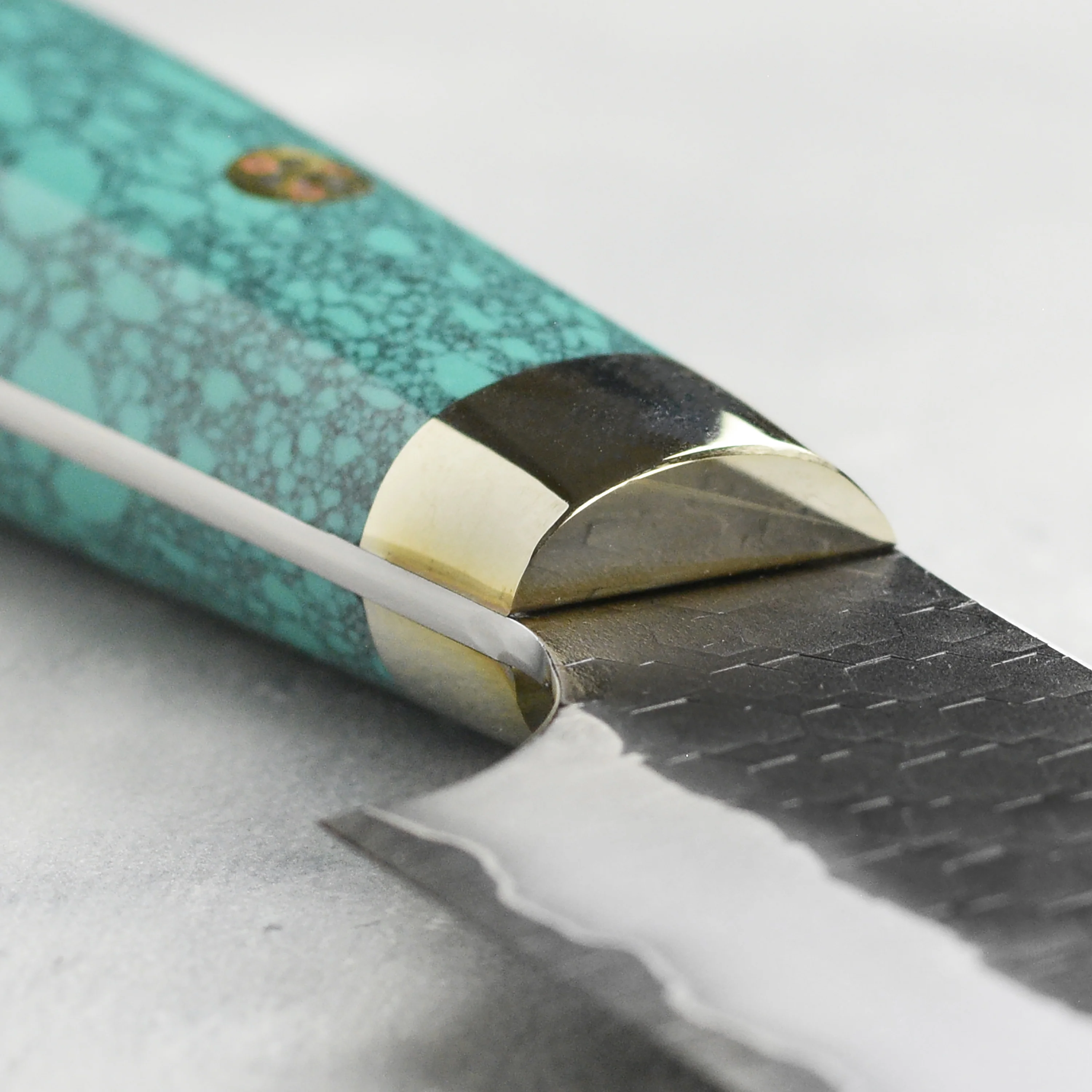 Nigara SG2 Kurouchi Tsuchime 10" Kiritsuke Sujihiki, Green Turquoise - Image 7