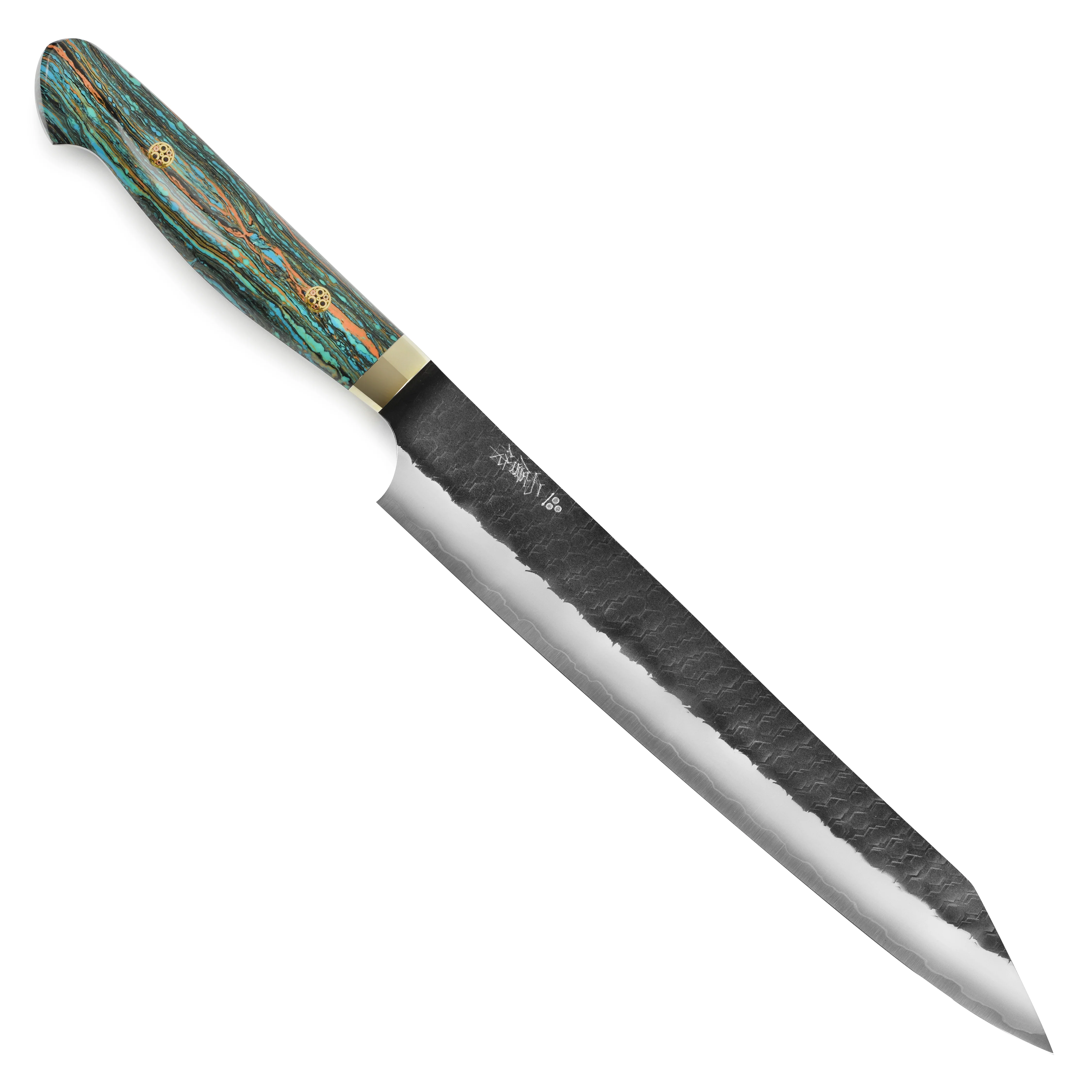Nigara SG2 Kurouchi Tsuchime 10" Kiritsuke Sujihiki, Striped Turquoise - Image 5
