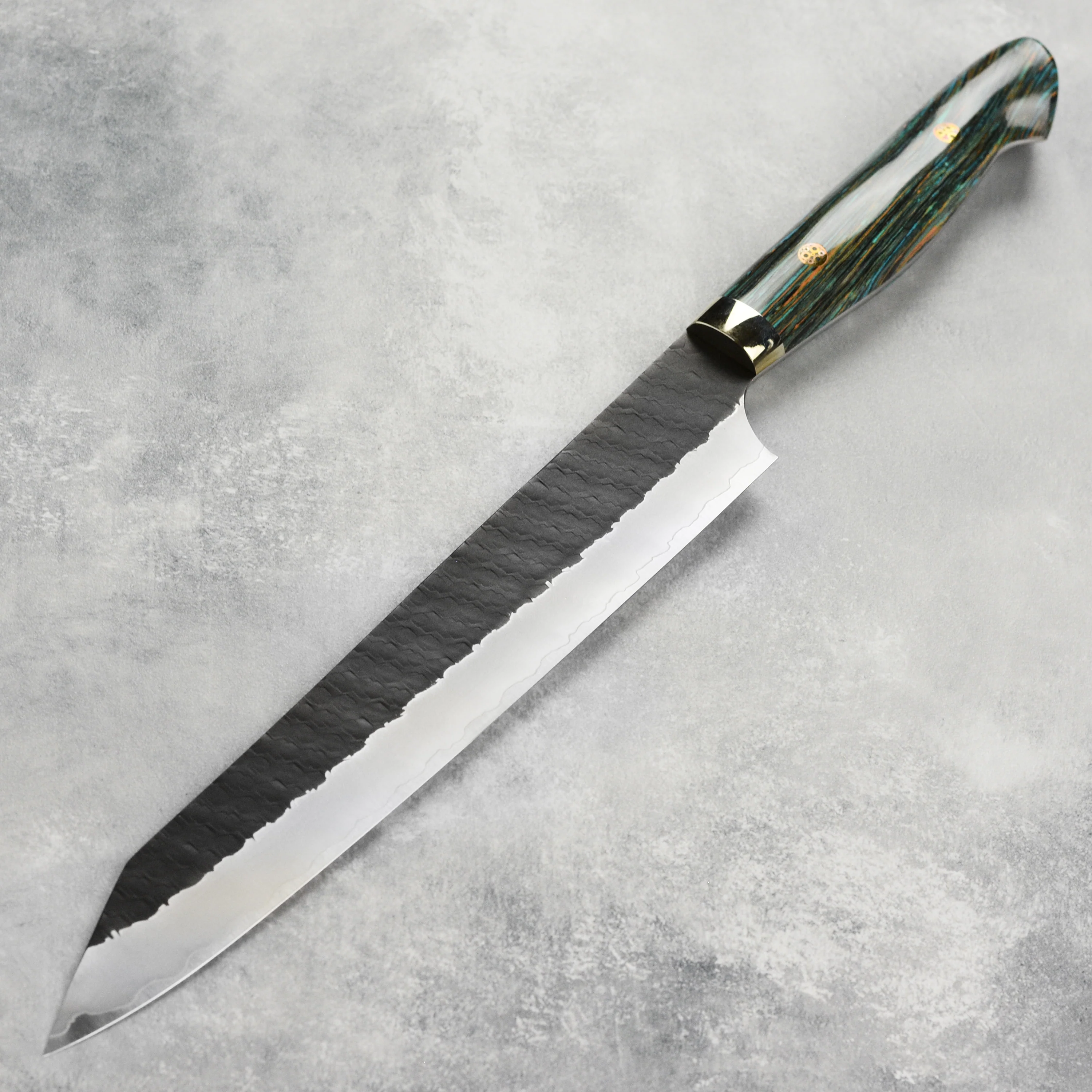 Nigara SG2 Kurouchi Tsuchime 10" Kiritsuke Sujihiki, Striped Turquoise - Image 6