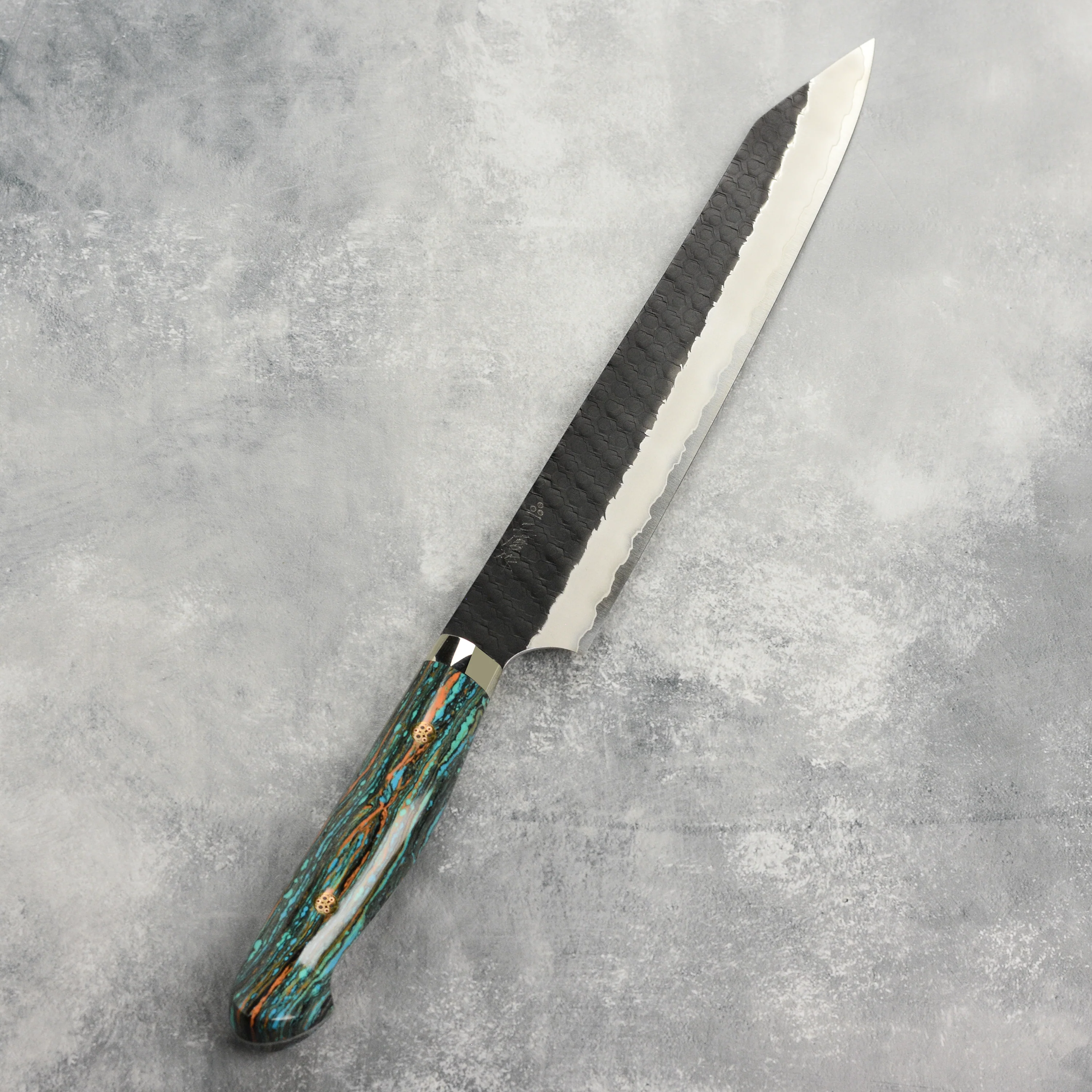 Nigara SG2 Kurouchi Tsuchime 10" Kiritsuke Sujihiki, Striped Turquoise - Image 8