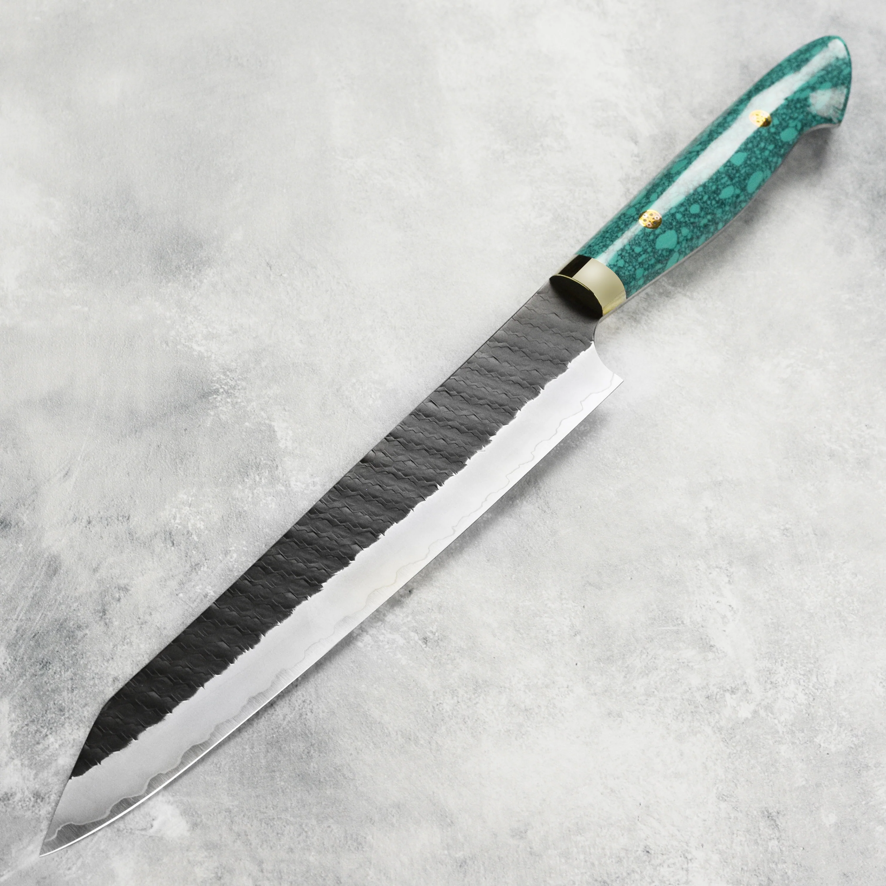 Nigara SG2 Kurouchi Tsuchime 10" Kiritsuke Sujihiki, Green Turquoise - Image 6