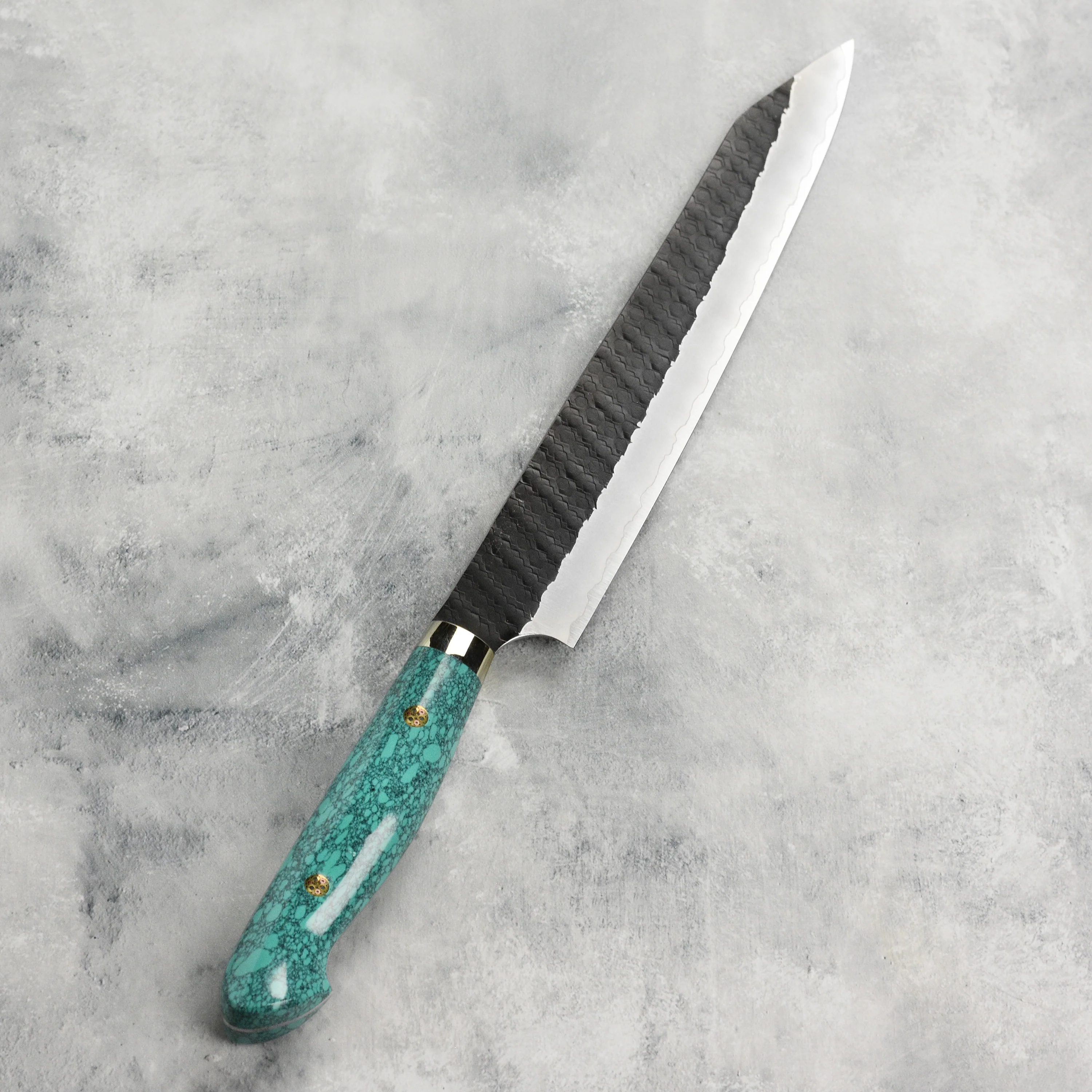 Nigara SG2 Kurouchi Tsuchime 10" Kiritsuke Sujihiki, Green Turquoise - Image 8