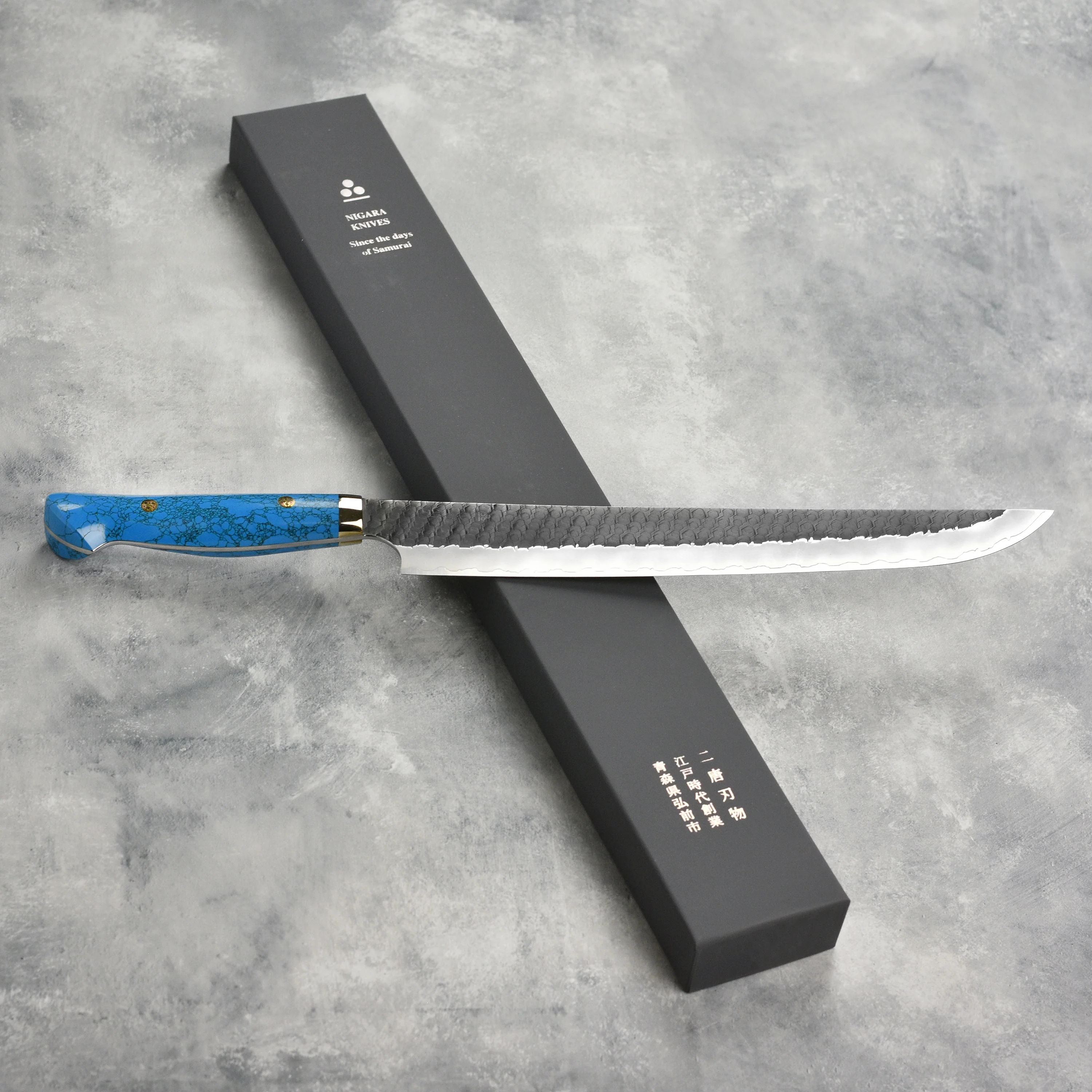 Nigara SG2 Kurouchi Tsuchime 11.8" Sakimaru Sujihiki, Blue Turquoise - Image 3