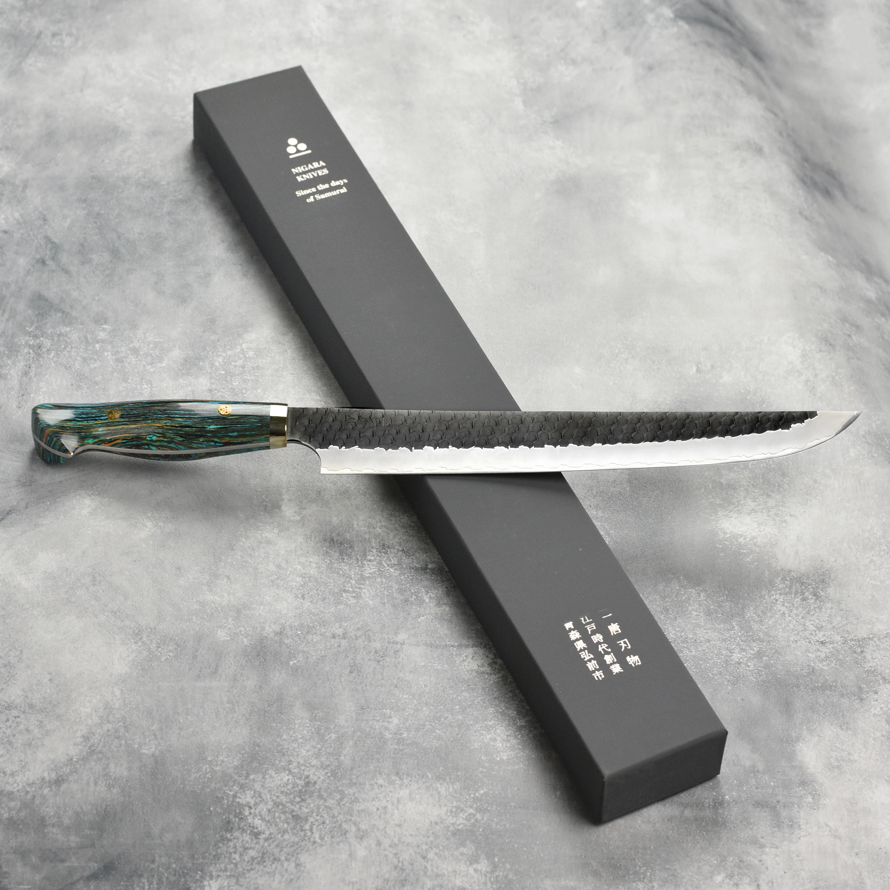 Nigara SG2 Kurouchi Tsuchime 11.8" Sakimaru Sujihiki, Striped Turquoise - Image 3