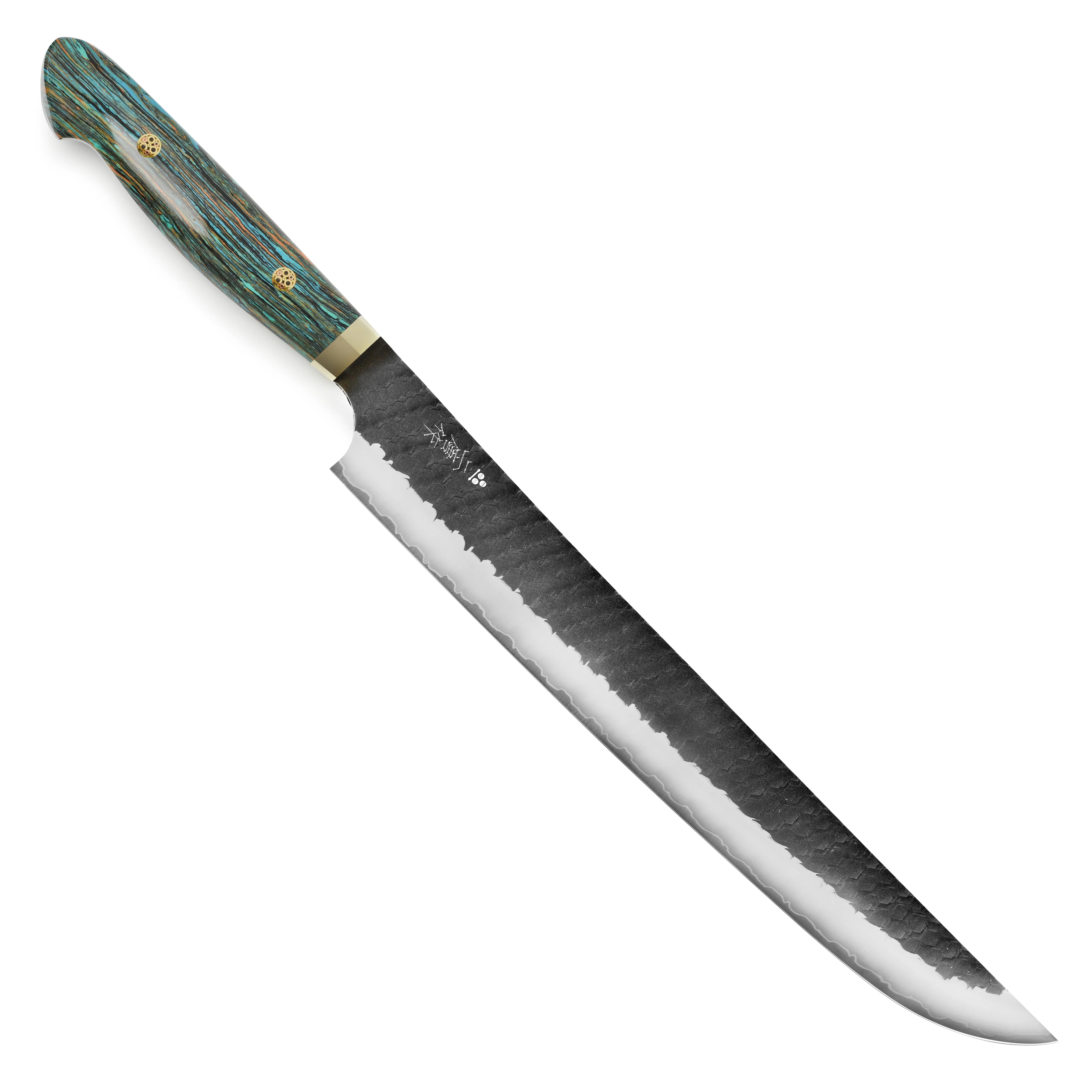 Nigara SG2 Kurouchi Tsuchime 11.8" Sakimaru Sujihiki, Striped Turquoise - Image 5