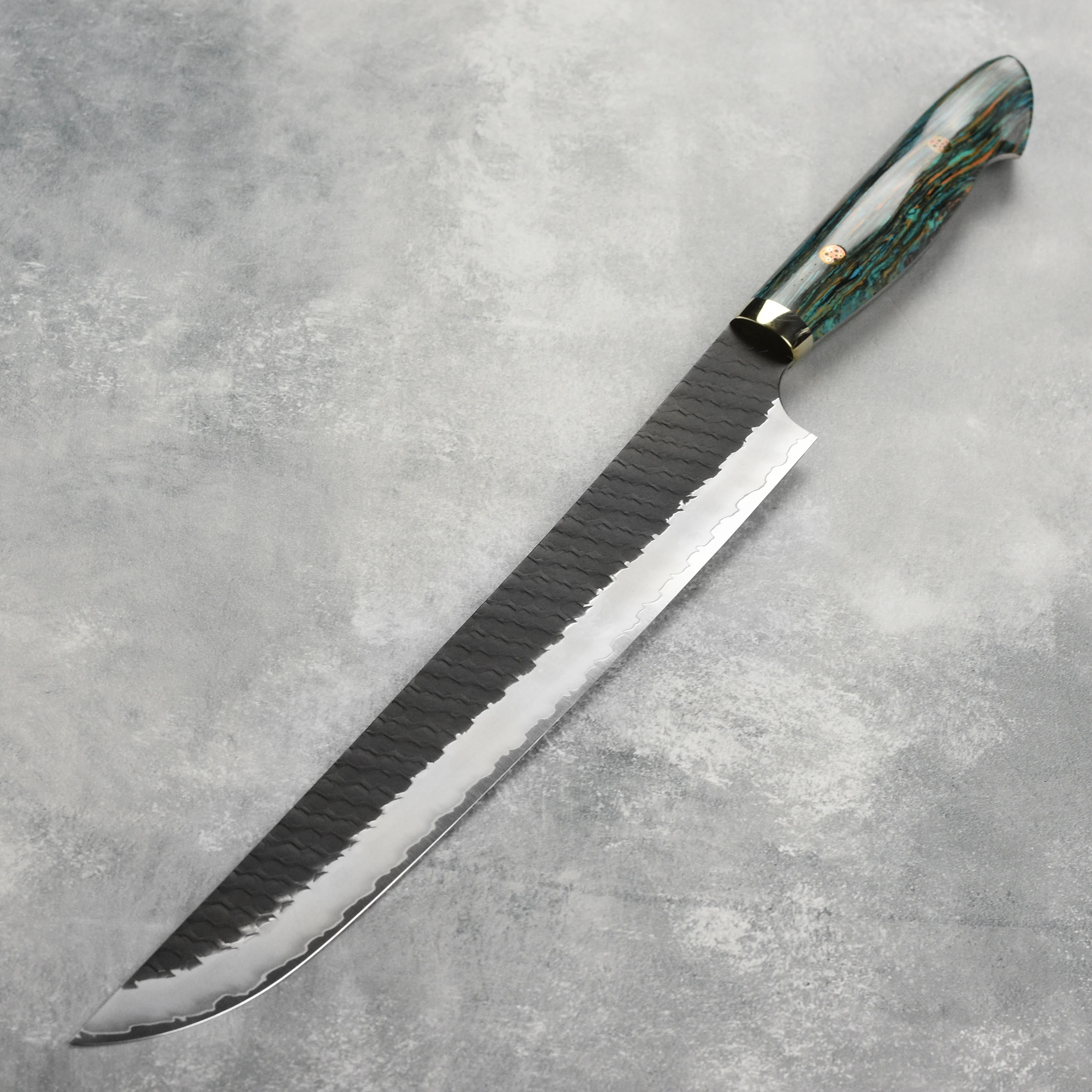 Nigara SG2 Kurouchi Tsuchime 11.8" Sakimaru Sujihiki, Striped Turquoise - Image 6