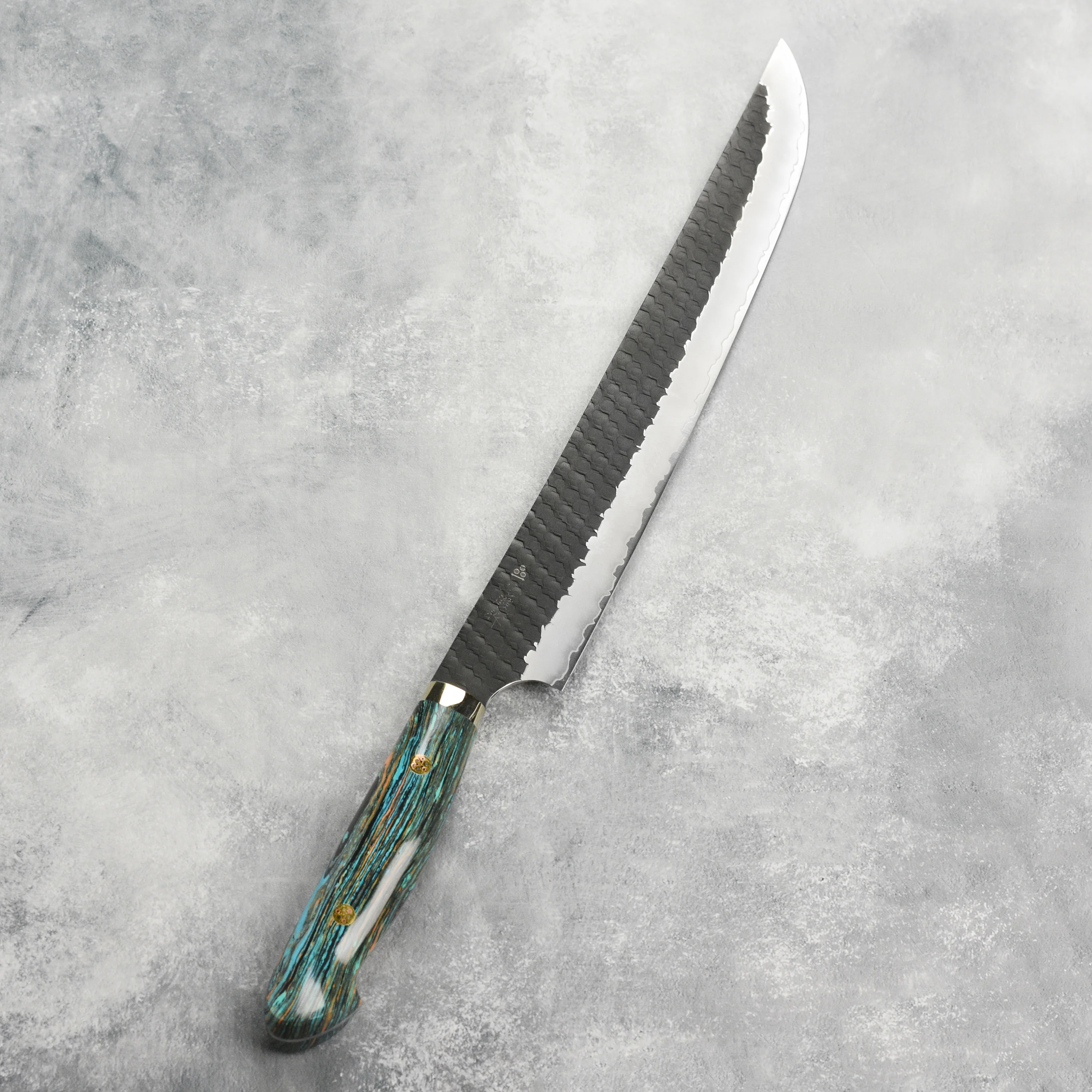 Nigara SG2 Kurouchi Tsuchime 11.8" Sakimaru Sujihiki, Striped Turquoise - Image 8
