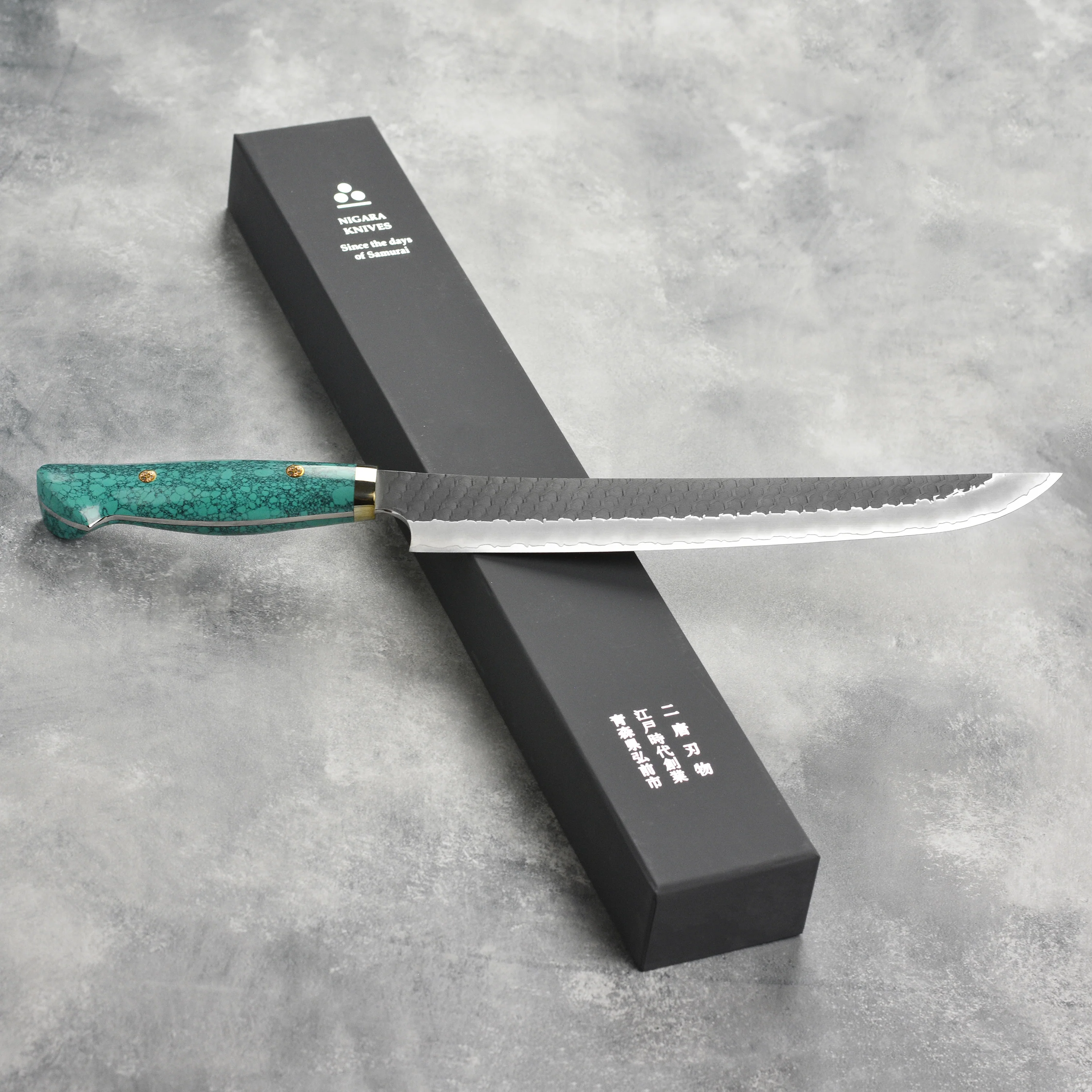 Nigara SG2 Kurouchi Tsuchime 10.6" Sakimaru Sujihiki, Green Turquoise - Image 4