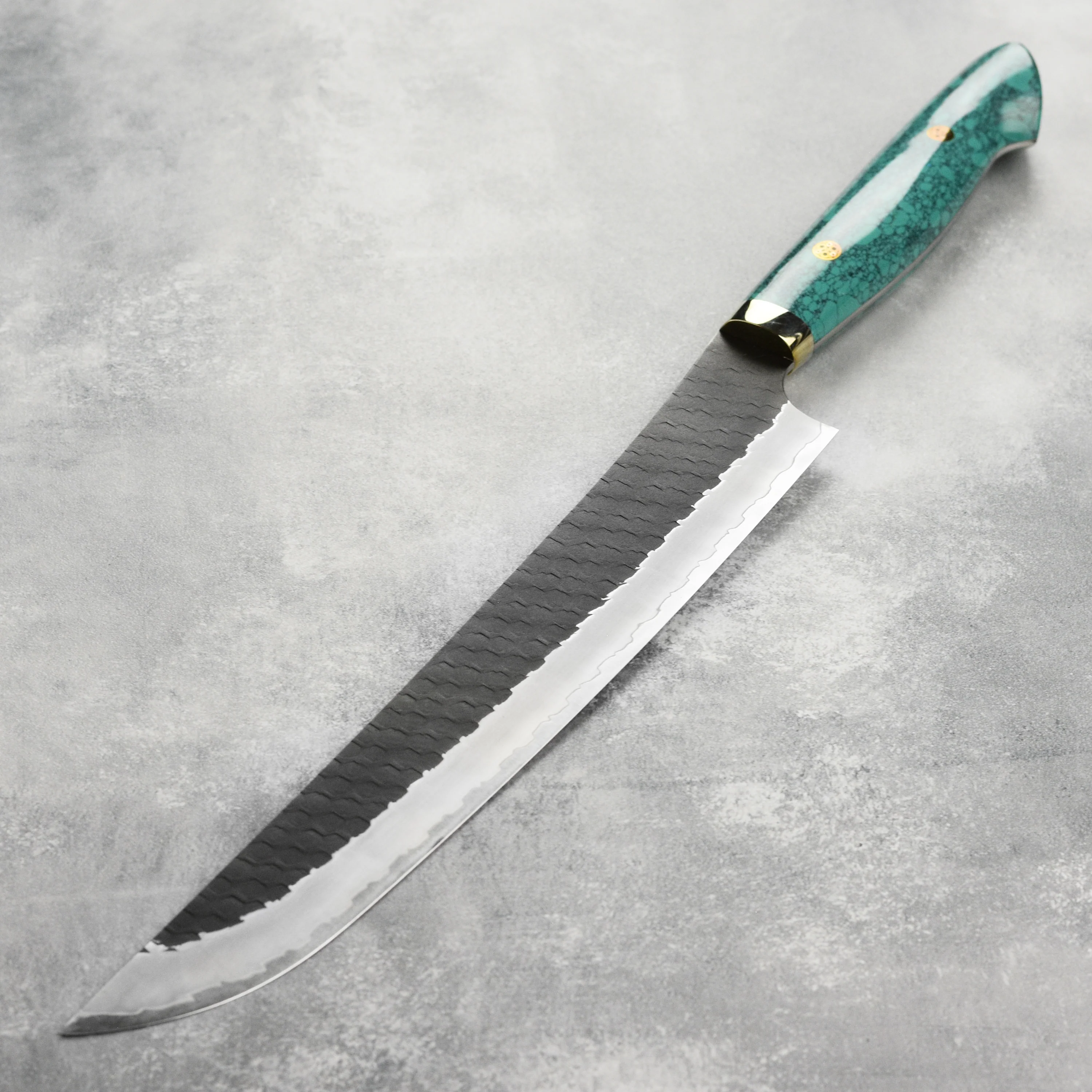 Nigara SG2 Kurouchi Tsuchime 10.6" Sakimaru Sujihiki, Green Turquoise - Image 6