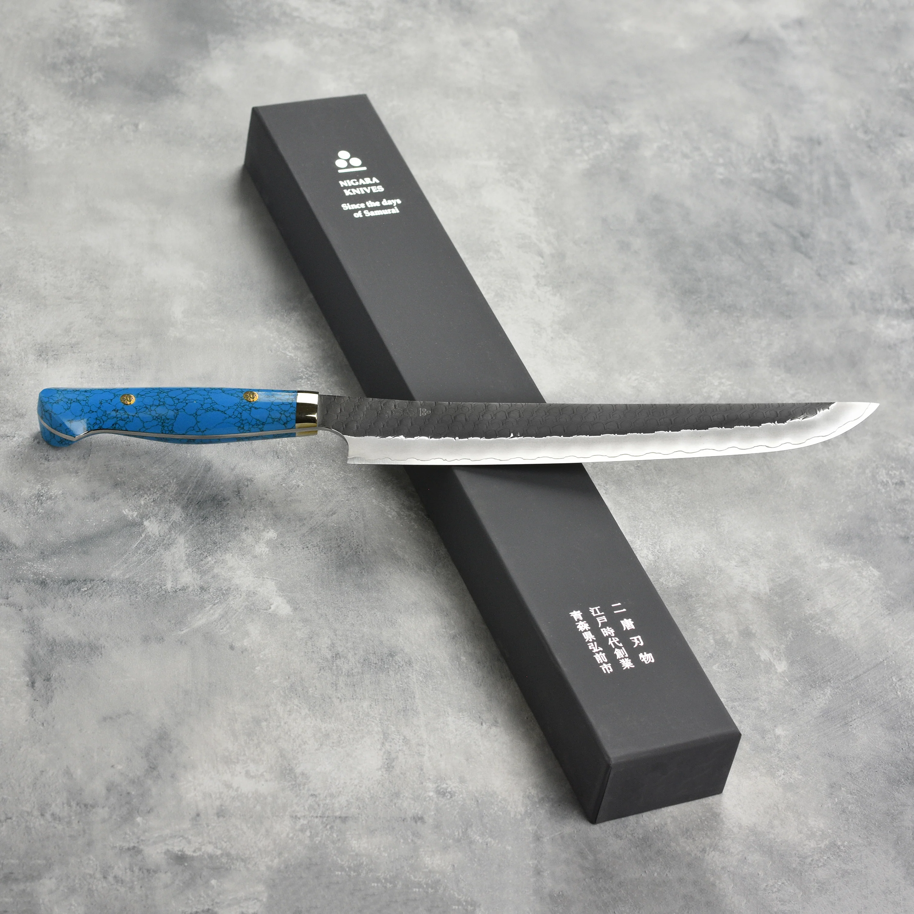 Nigara SG2 Kurouchi Tsuchime 10.6" Sakimaru Sujihiki, Blue Turquoise - Image 4