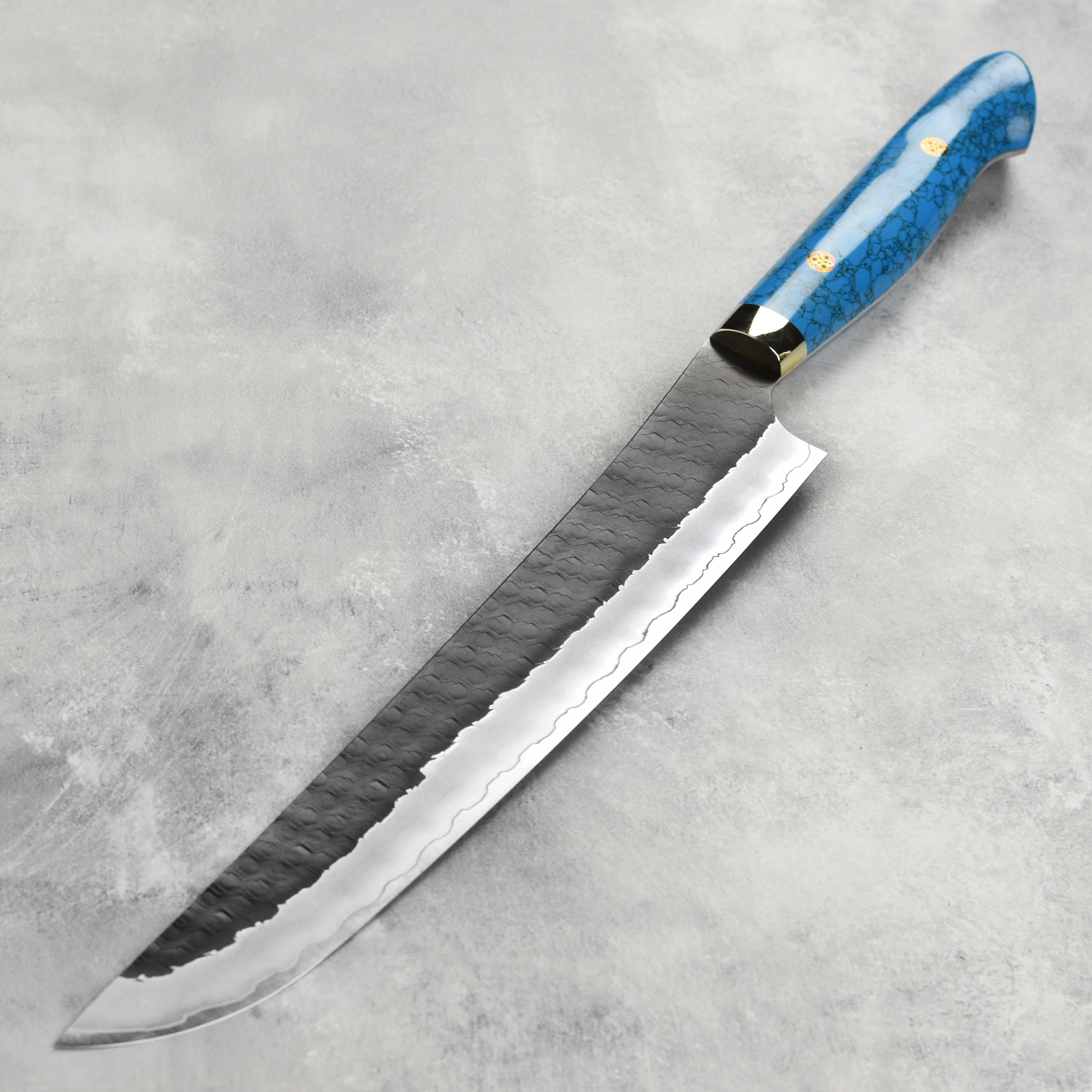 Nigara SG2 Kurouchi Tsuchime 10.6" Sakimaru Sujihiki, Blue Turquoise - Image 6