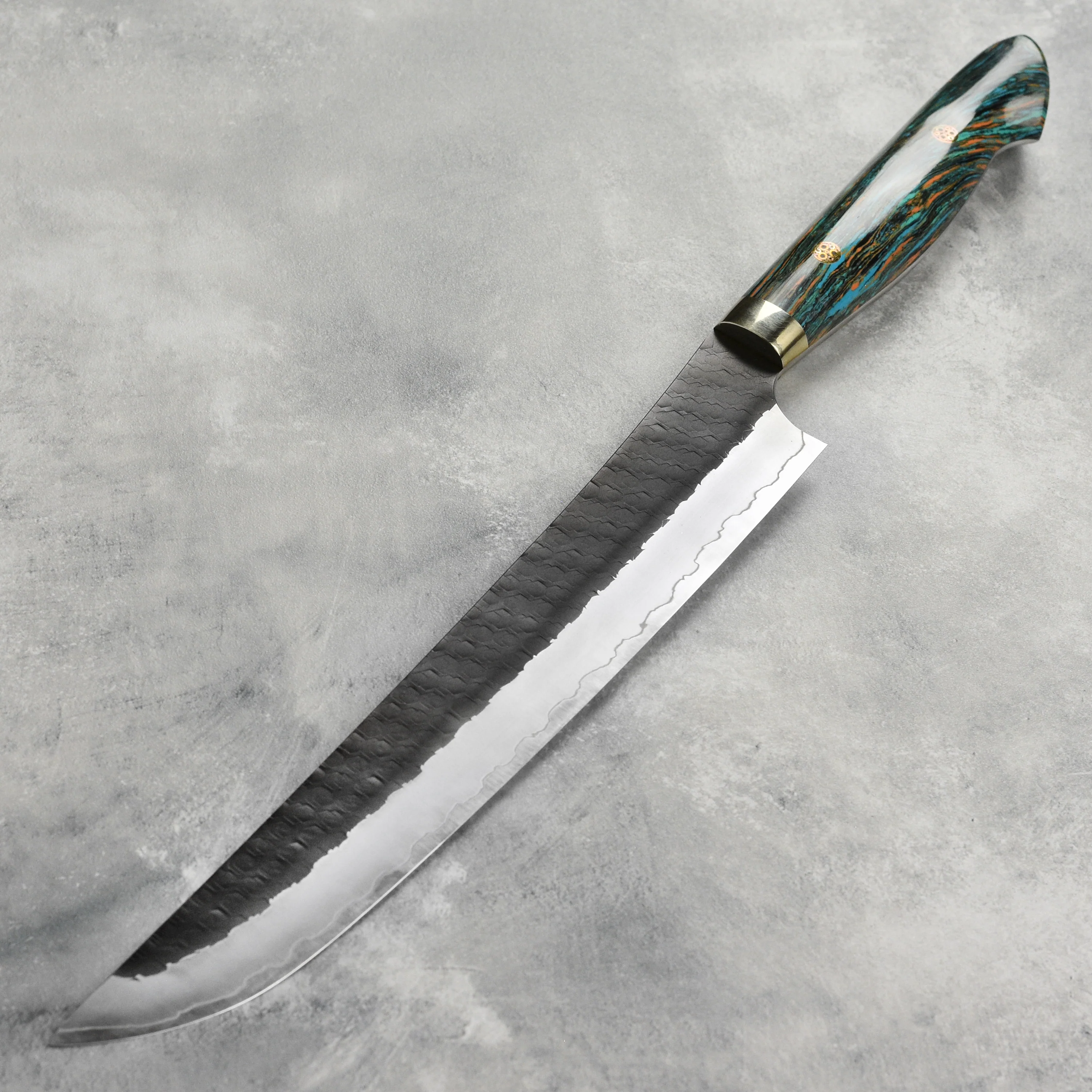 Nigara SG2 Kurouchi Tsuchime 10.6" Sakimaru Sujihiki, Striped Turquoise - Image 6